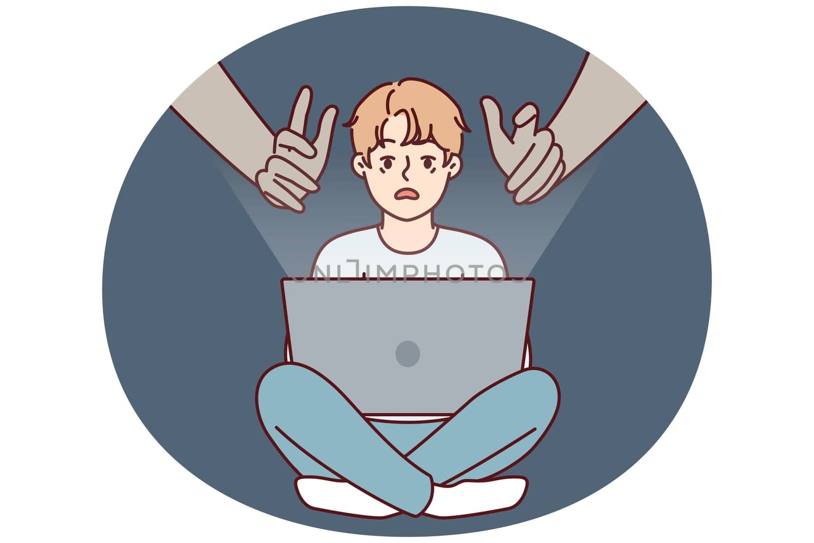 Giant hands reaching out to teenage boy using laptop with internet without parental control. concept of danger of using gadgets by children due to possibility of identity theft