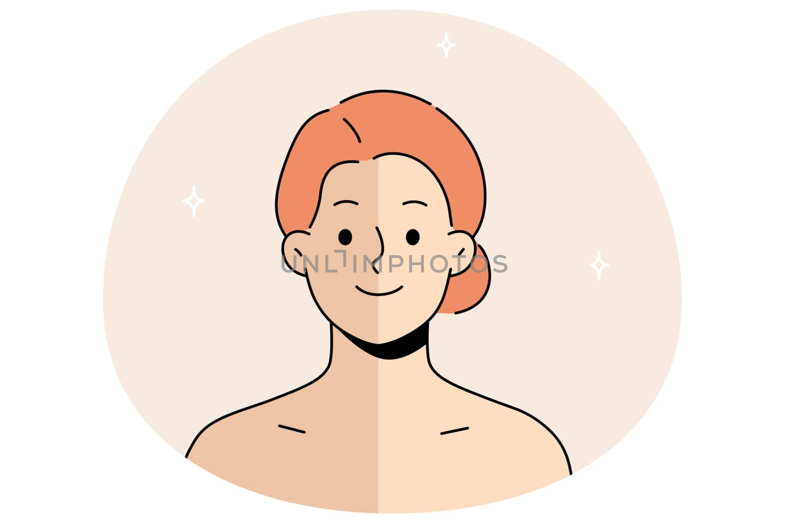 Portrait of woman with half face natural versus tan. Girl with tanned facial skin. Concept of beauty products and cosmetics. Vector illustration.