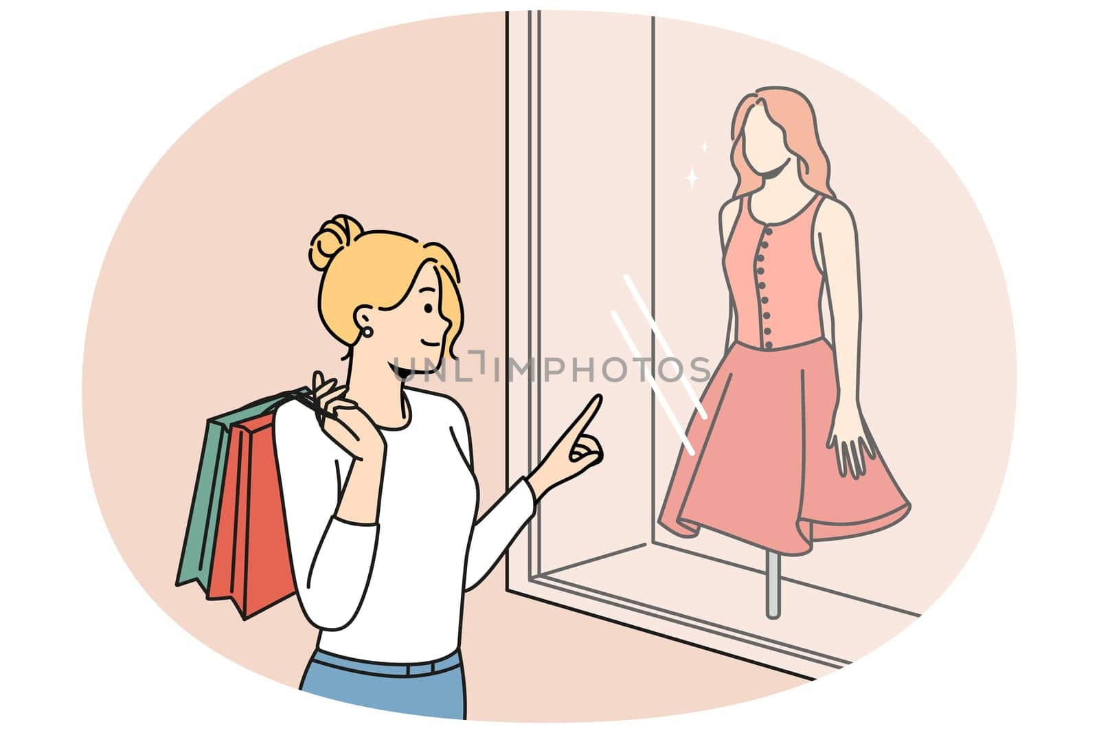 Happy woman with bags shopping in boutiques for new clothes. Smiling girl buying fashion apparel in shops look in showcases. Vector illustration.