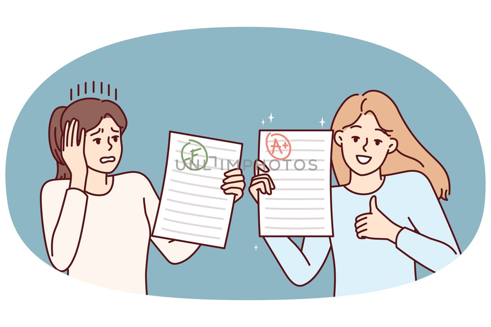 Two teen girls demonstrate sheets paper with positive and negative mark for completing exam task. Happy and upset female students share final test results for college admissions