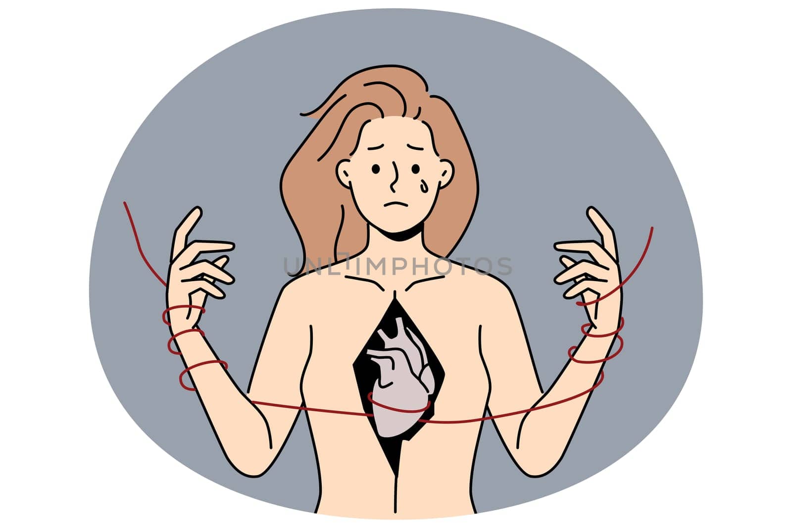 Unhappy woman with broken heart suffer from relationships problems. Distressed girl cry struggle with ripped chest feel heartbroken. Vector illustration.