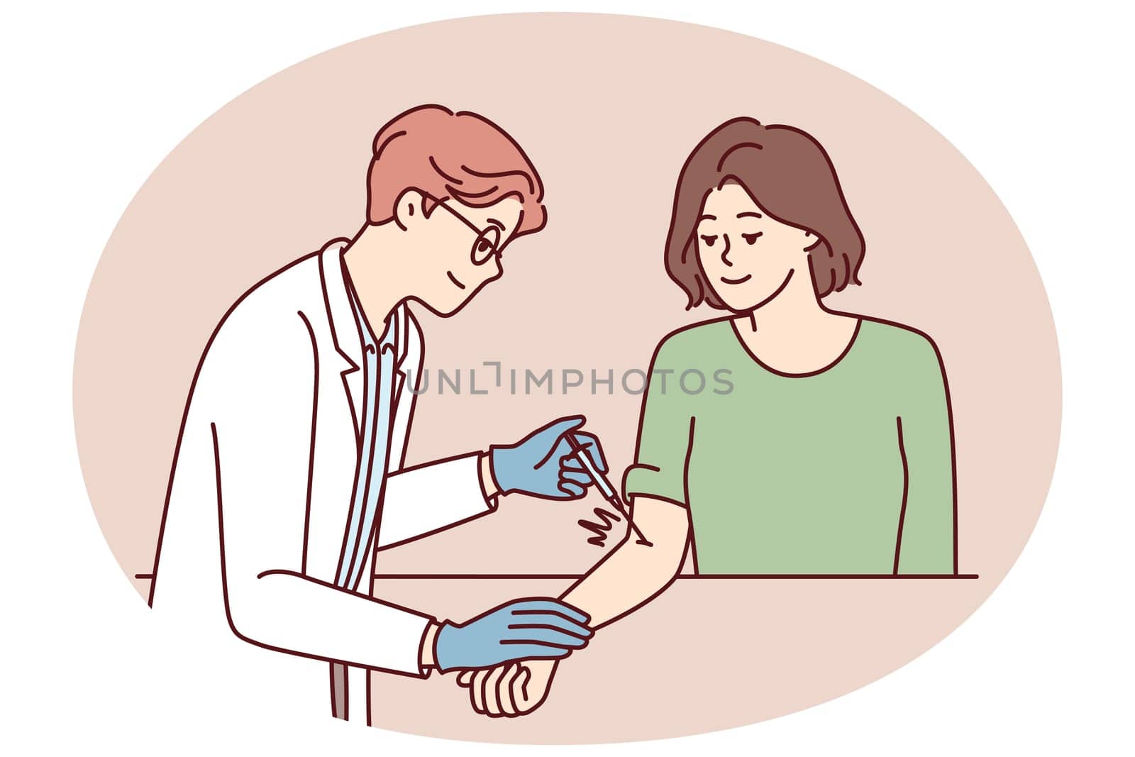 Doctor inoculates girl patient designed to protect against virus and develop immunity. Man clinic employee in white coat puts injection with medical drug into woman hand