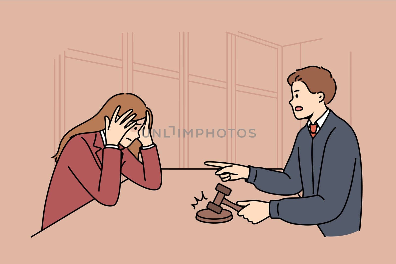 Judge pronounces verdict on woman accused of crime, and strikes with wooden gavel, announcing impending punishment. Judge announces fair decision to girl who broke law and refused to repent