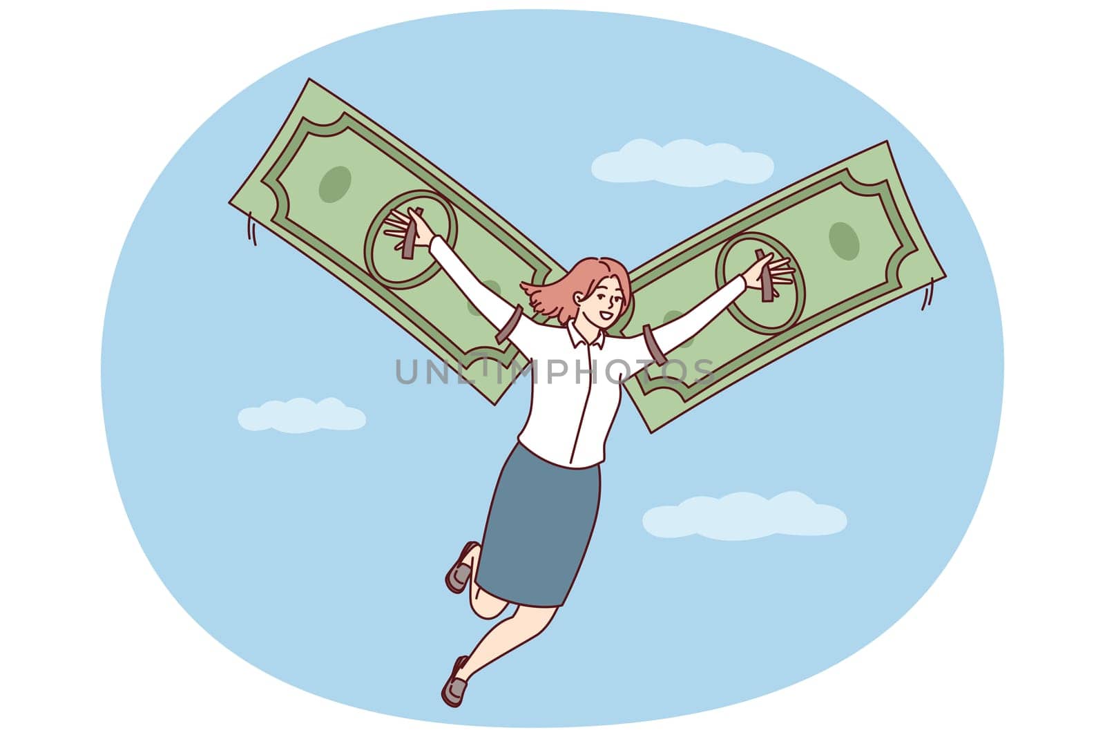 Happy woman flies in sky among clouds using banknotes instead of wings. Concept of financial freedom and independence obtained through receipt of their own income