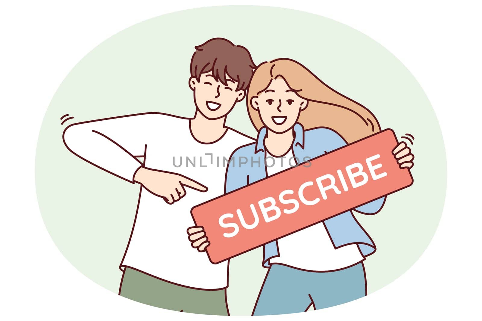 Beautiful couple of man and woman smile show subscribe