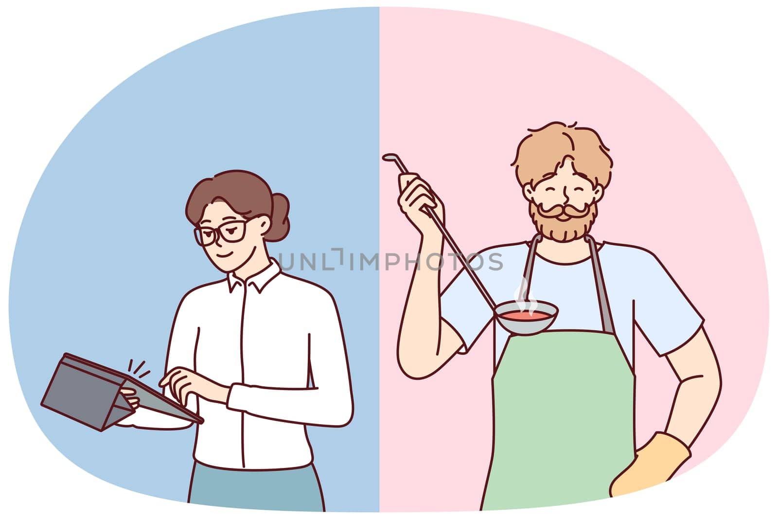 Brutal man preparing food for family while woman doing business or working in office. Girl secretary with tablet computer and bearded guy in apron with ladle of soup in hand