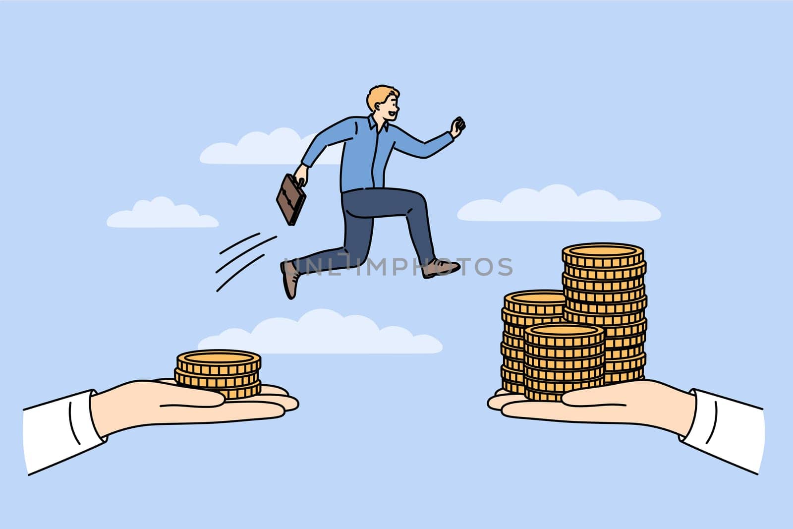 Business challenge for man who wants to earn more and jumps between hands with money. Challenge for office employee motivated by financial income received for taking risks in work process