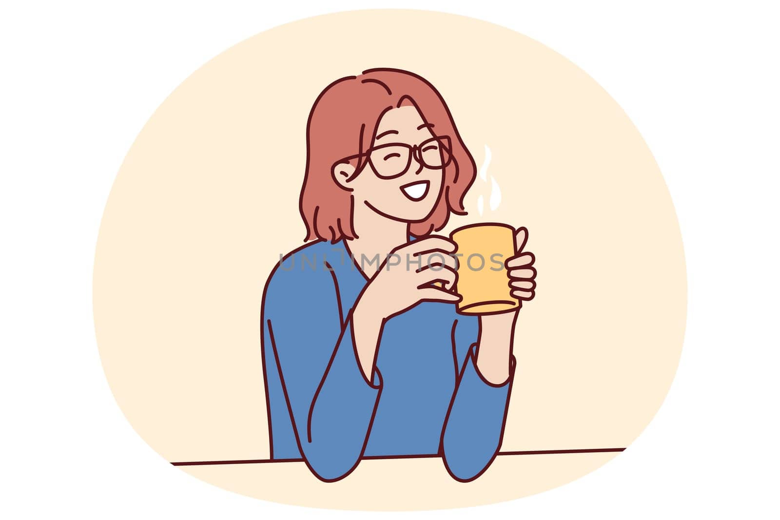 Joyful woman holding coffee mug sitting at table and smiling remembering happy moments from life during lunch break. Girl in casual clothes drinks hot tea or coffee to gain vigor and energy