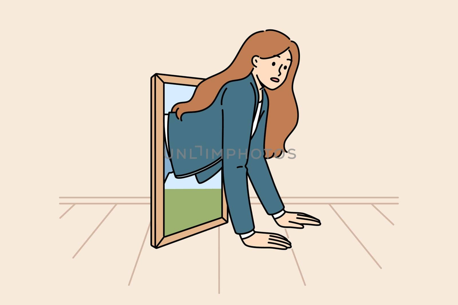 Business woman climbs out of small window for teleportation, moving in space thanks to fabulous technology. Girl is surprised to use portal for teleportation over long distances for first time
