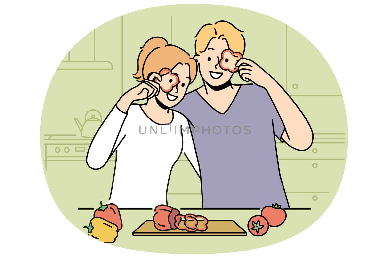 Smiling couple cutting vegetables at home kitchen preparing food together. Happy man and woman cooking on weekend. Cuisine and meal preparation. Vector illustration.