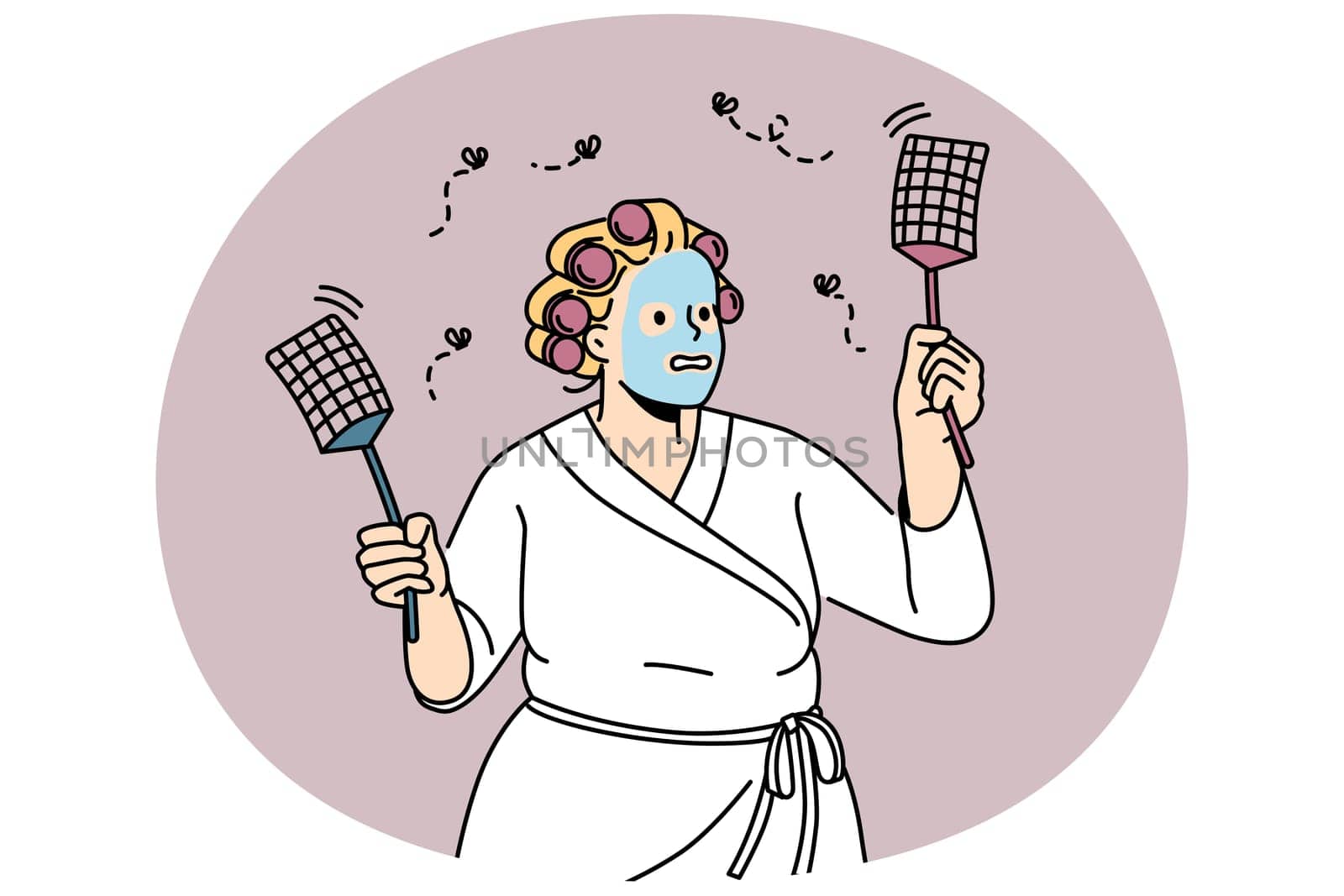 Funny overweight woman in bathrobe and mask on face beat insects with fly swatters. Anxious female chasing flies with special tool. Vector illustration.