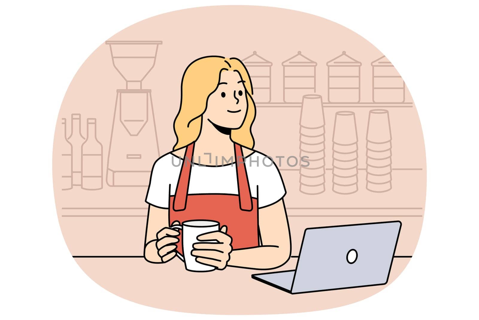 Smiling waitress in apron drink coffee at break in cafe. Happy women coffee shop owner enjoy drink in own coffeehouse. Vector illustration.