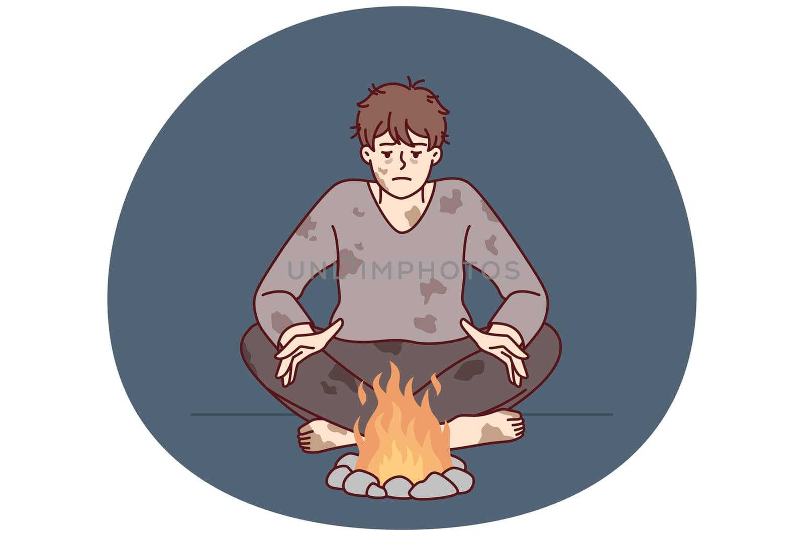 Homeless man in dirty clothes warms hands sitting by fire trying to survive due to lack of own home. Homeless guy needs help from social services and benefits or food stamps after losing job
