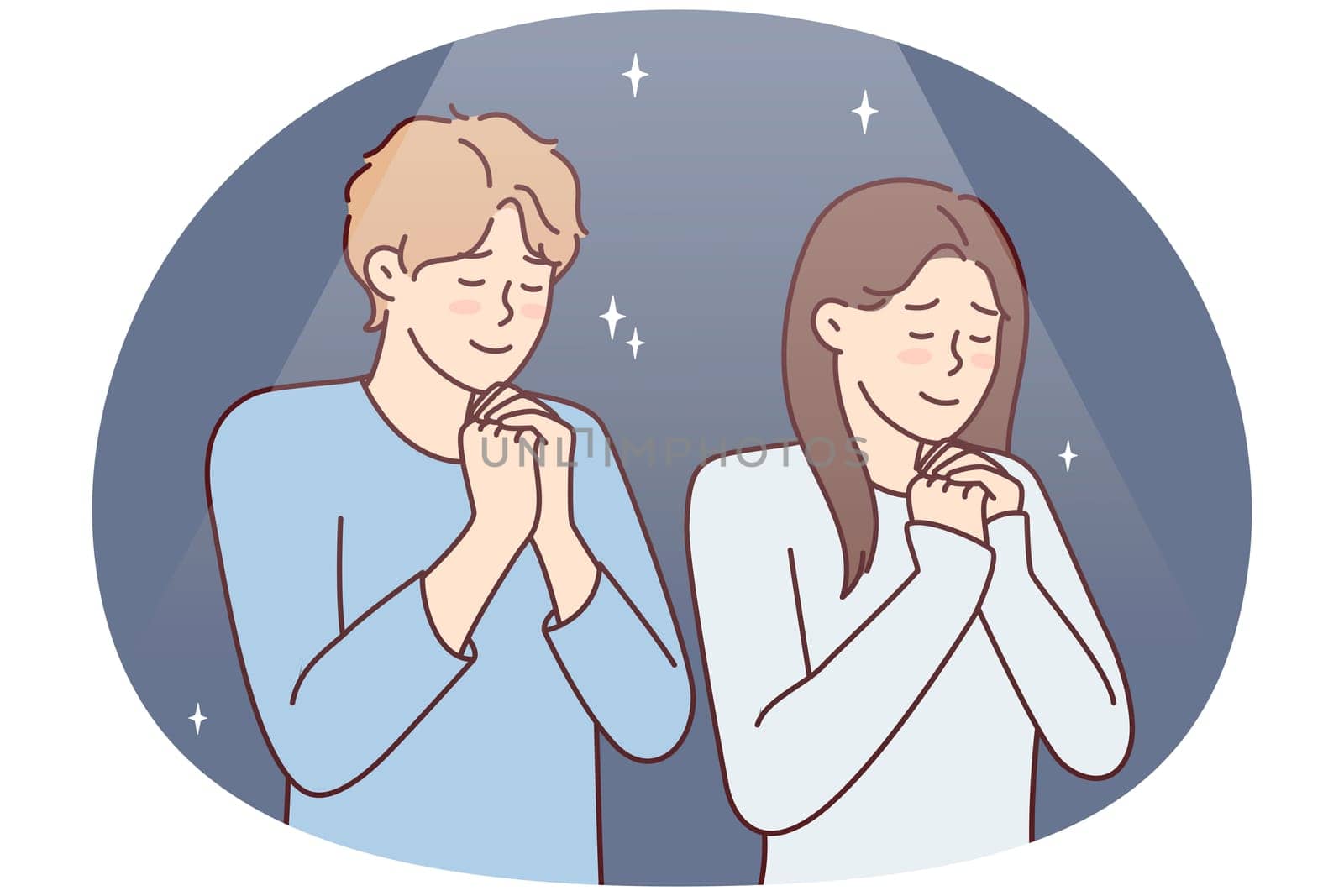 Positive man and woman praying asking god for happy marriage. Young couple stand with eyes closed and clasping palms in front of chest together performs religious ritual