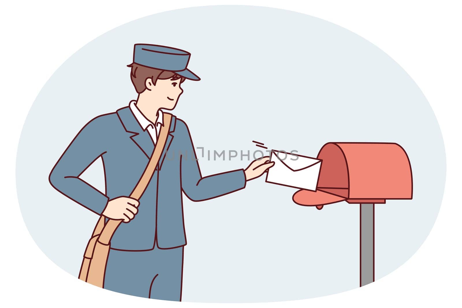 Man in postman uniform throws paper letter into metal mailbox located on street. Guy delivers fresh mail with alerts from government agencies or messages from friends