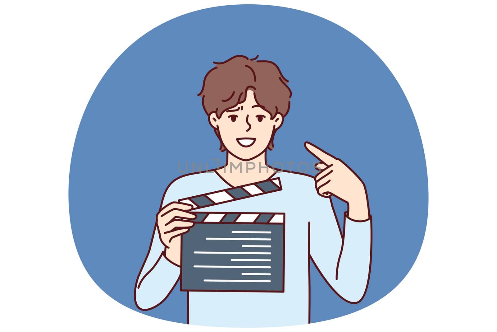 Man producer with clapboard in hands looks at screen while working on set of film or clip with Hollywood actors. Guy director or producer points finger at face, recommending staff of set to smile