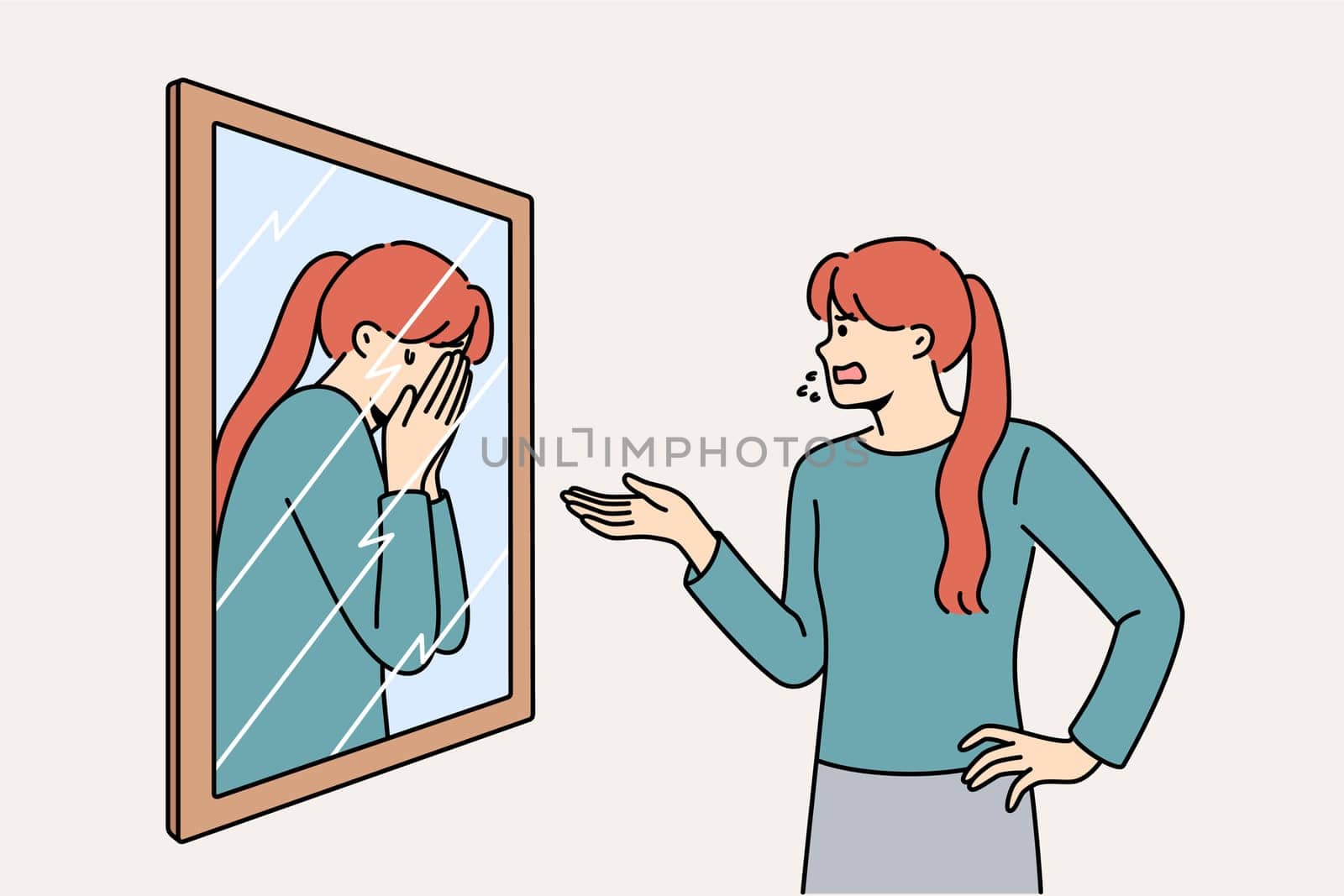 Woman scolds own reflection in mirror, for concept of low self-esteem and problems with having self-confidence. Split personality and lack of self-esteem causes disorder or nervous breakdowns