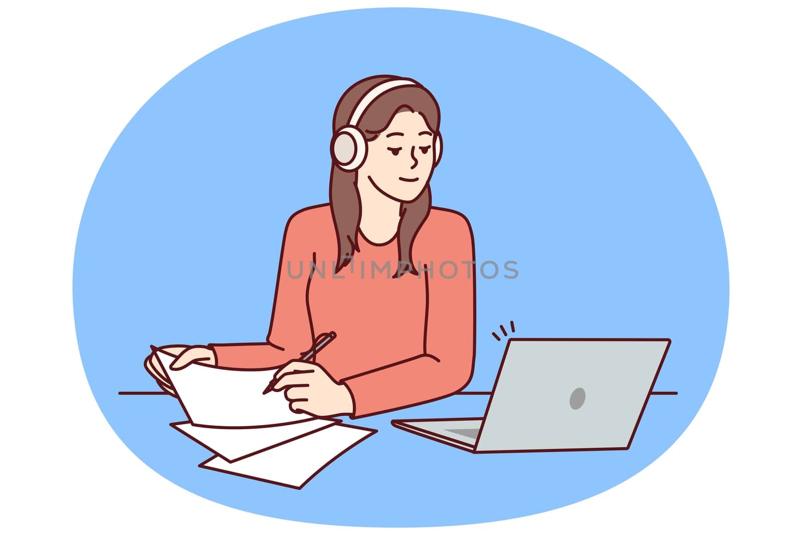 Woman with laptop sits at table and watches training webinar for gaining new skills and makes notes on paper. Attentive girl in headphones using laptop to get online education at university or college