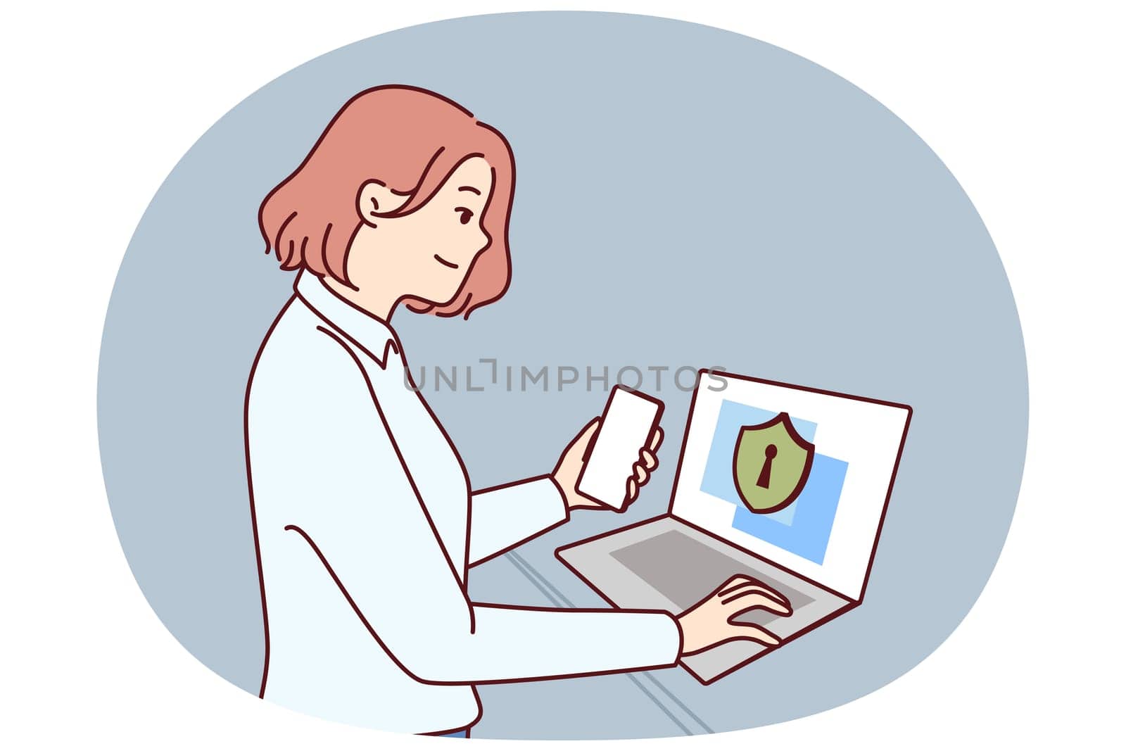 Businesswoman takes care of cyber security standing next to laptop with privacy inscription symbolizing data protection. Girl system administrator uses antivirus or firewall for cyber security