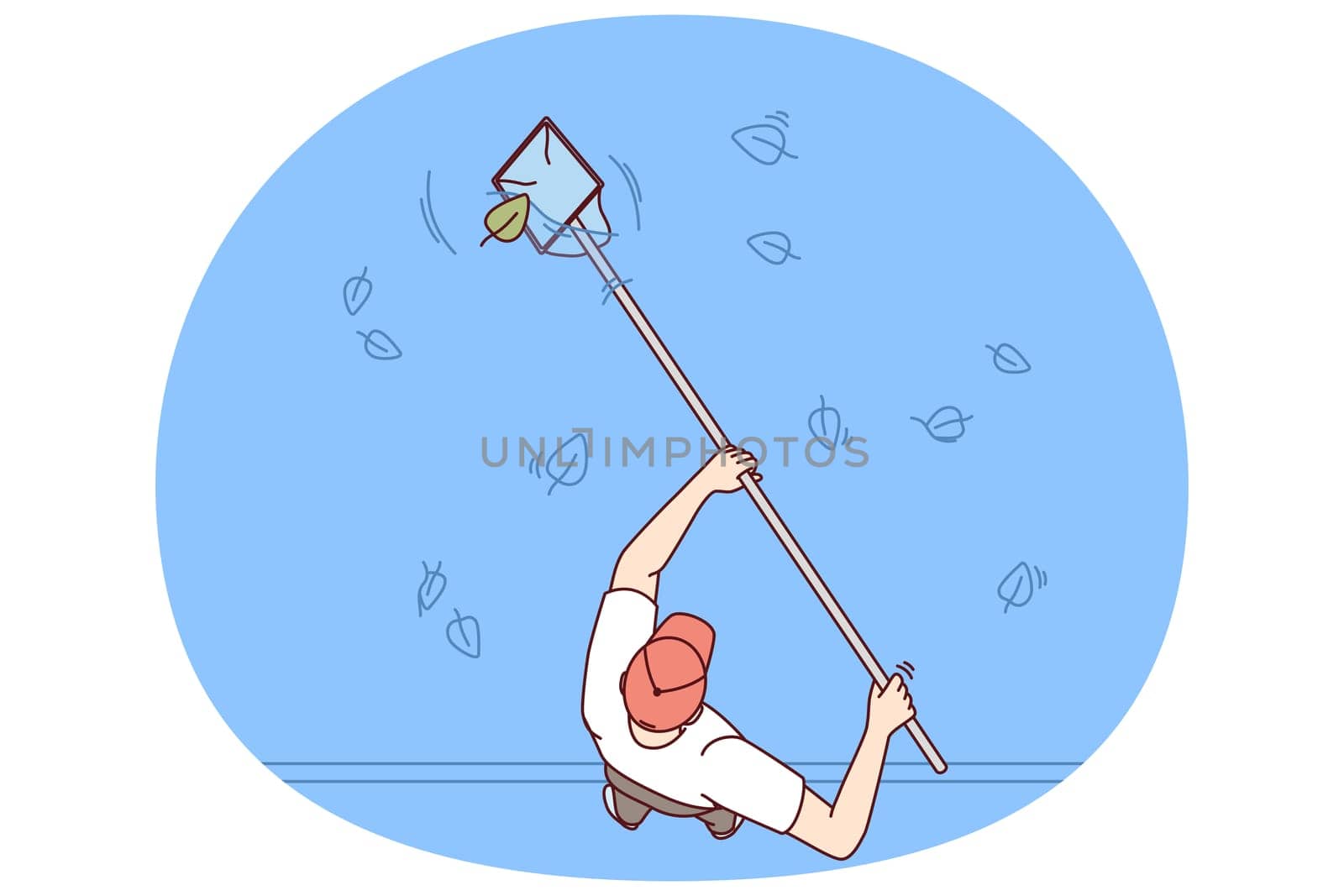 Man cleans pool or pond from leaves fallen from autumn trees to prevent rotting and water contamination. Guy using skimmer is standing near pool on territory of hotel, working in cleaning service