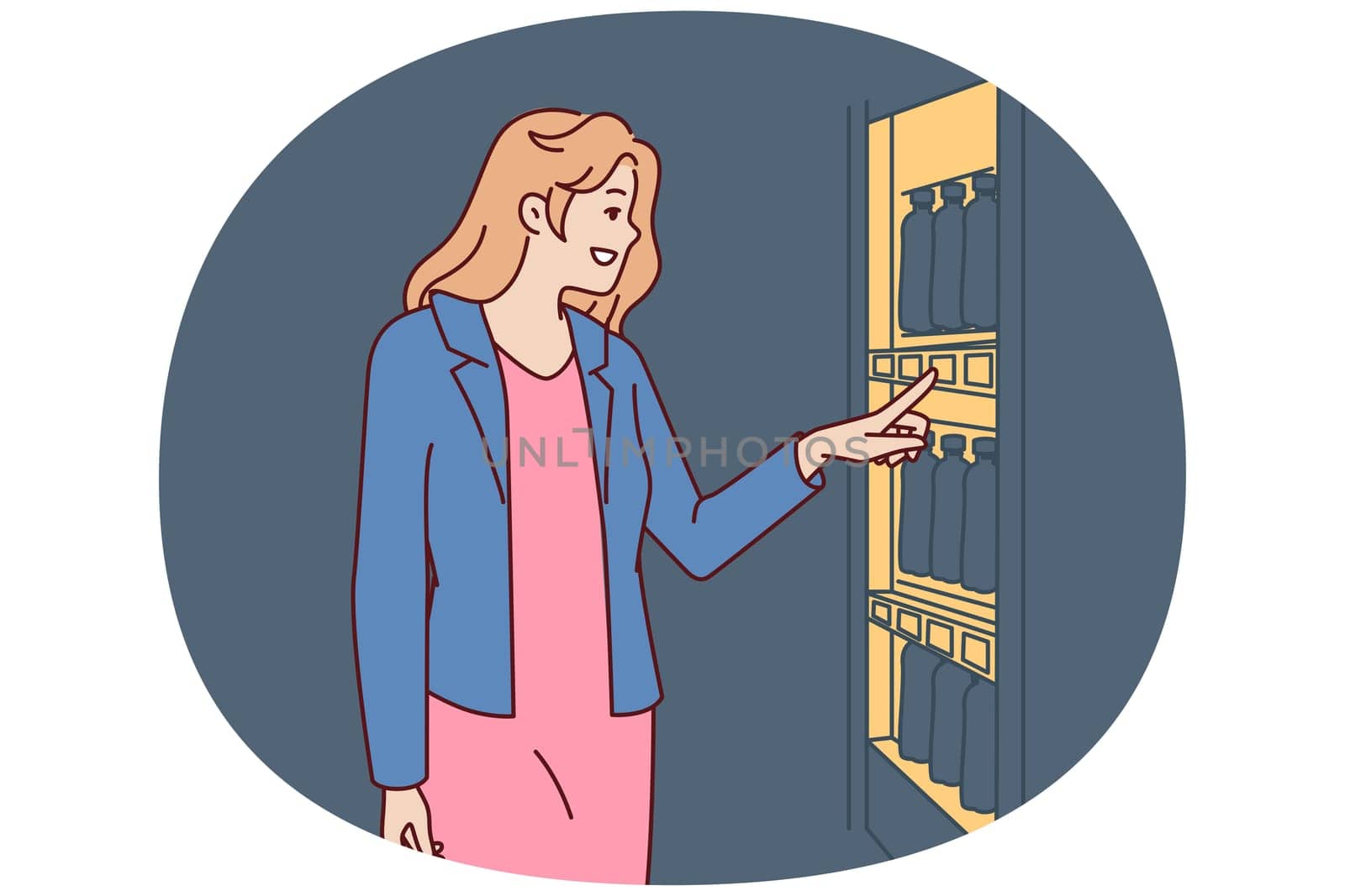 Woman stands near vending machine choosing snack or drink to buy and satisfy hunger and thirst. Young happy girl wishes to buy soda or sandwich in vending machine or automated store
