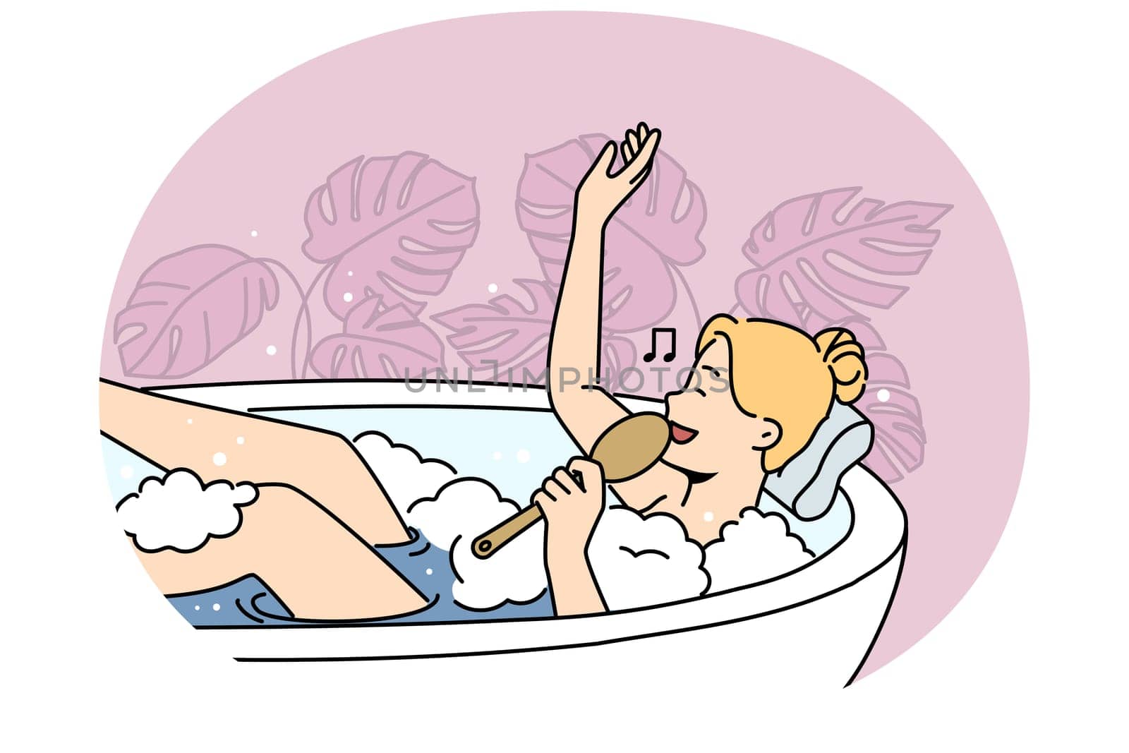 Happy woman lying in bathtub relaxing singing with brush. Smiling girl rest in bath with bubbles enjoy spa day at home. Hygiene and wellness. Vector illustration.