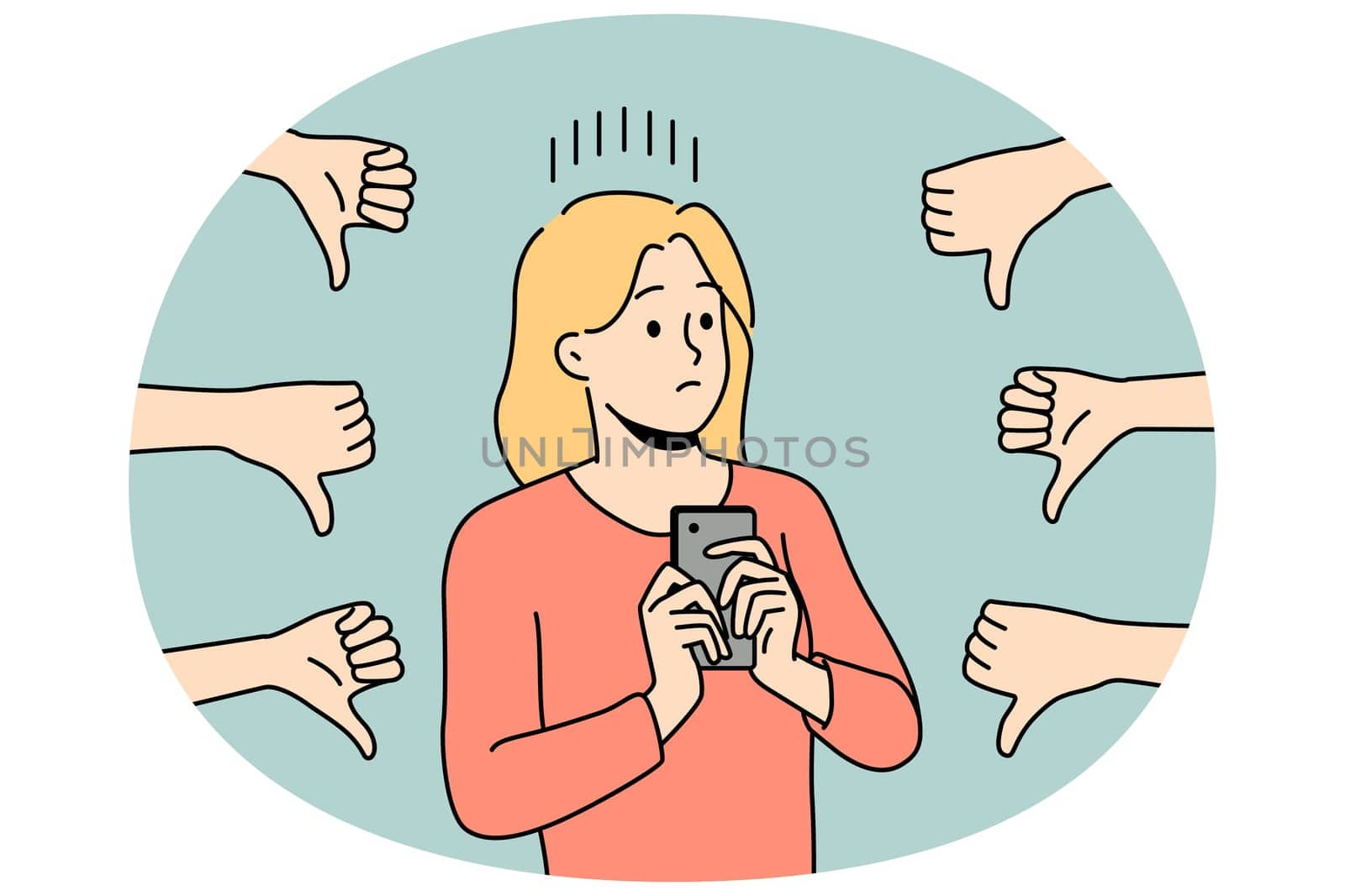 Distressed woman with cellphone displeased with negative feedbacks. Unhappy female influencer unhappy with bad comments on posts on social media. Vector illustration.