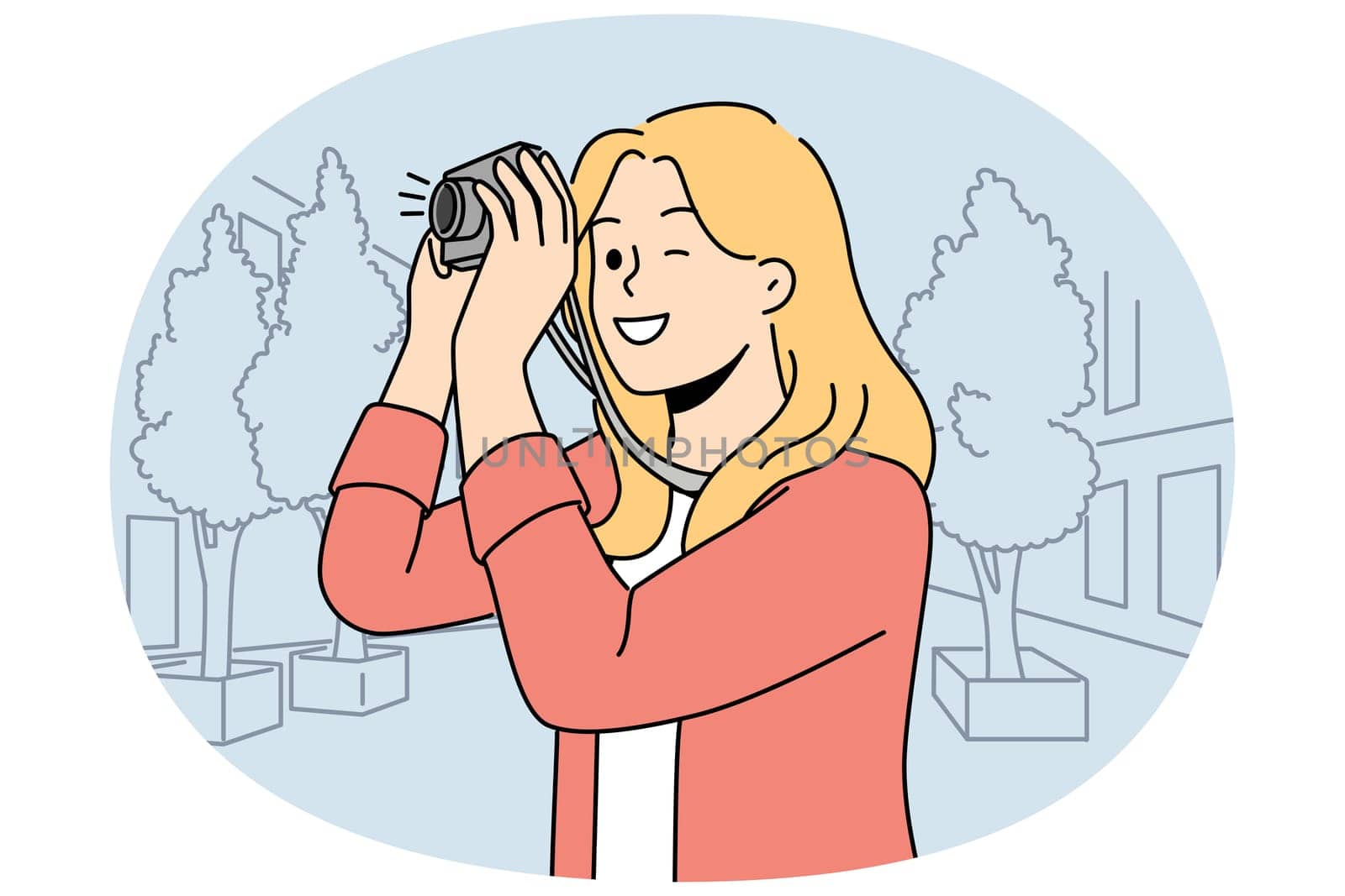 Smiling woman make pictures with professional camera. Happy girl photograph with analogue device. Photography and hobby. Vector illustration.