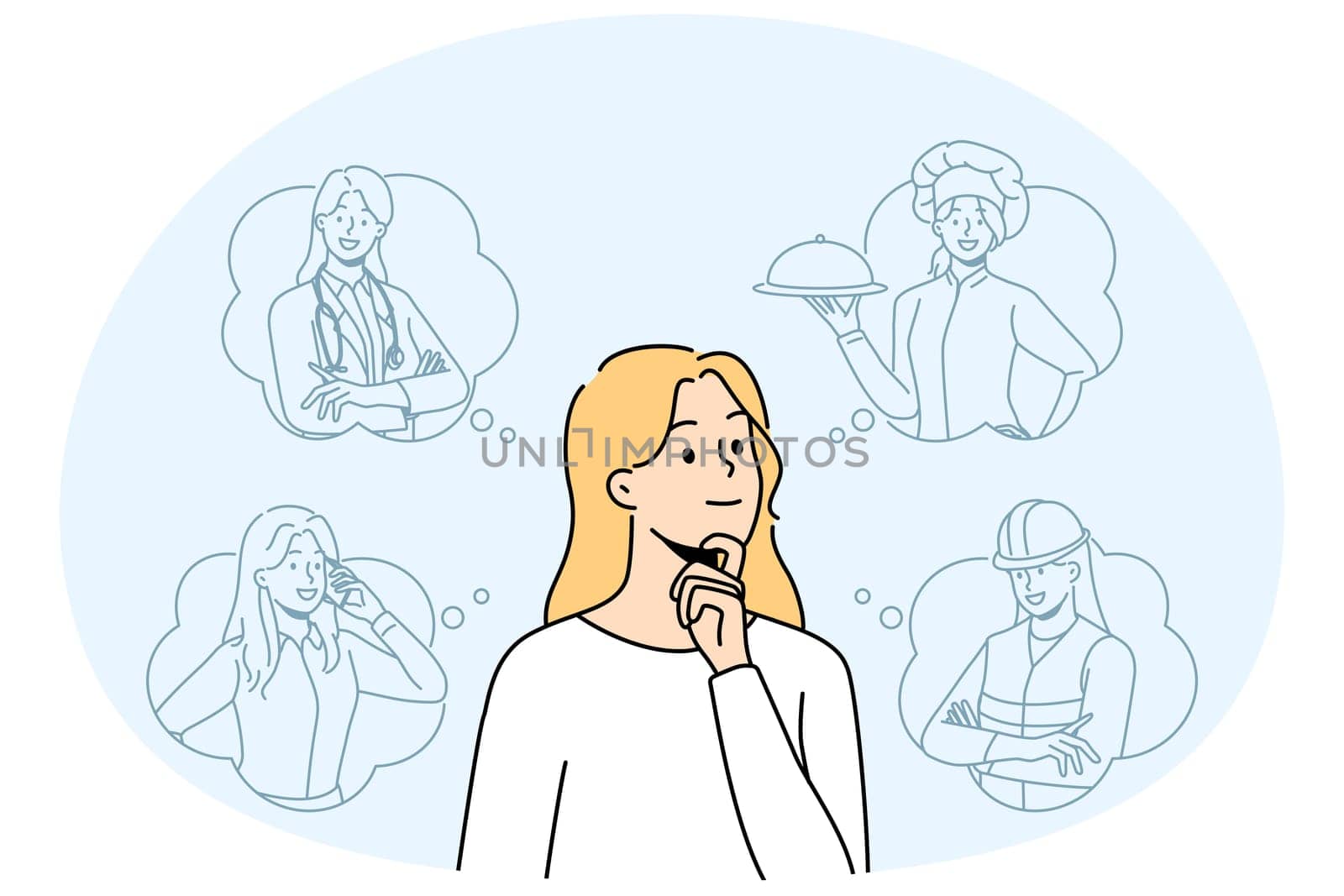 Smiling woman with occupations in speech bubbles think of career option. Happy girl decide choose profession. Vector illustration.