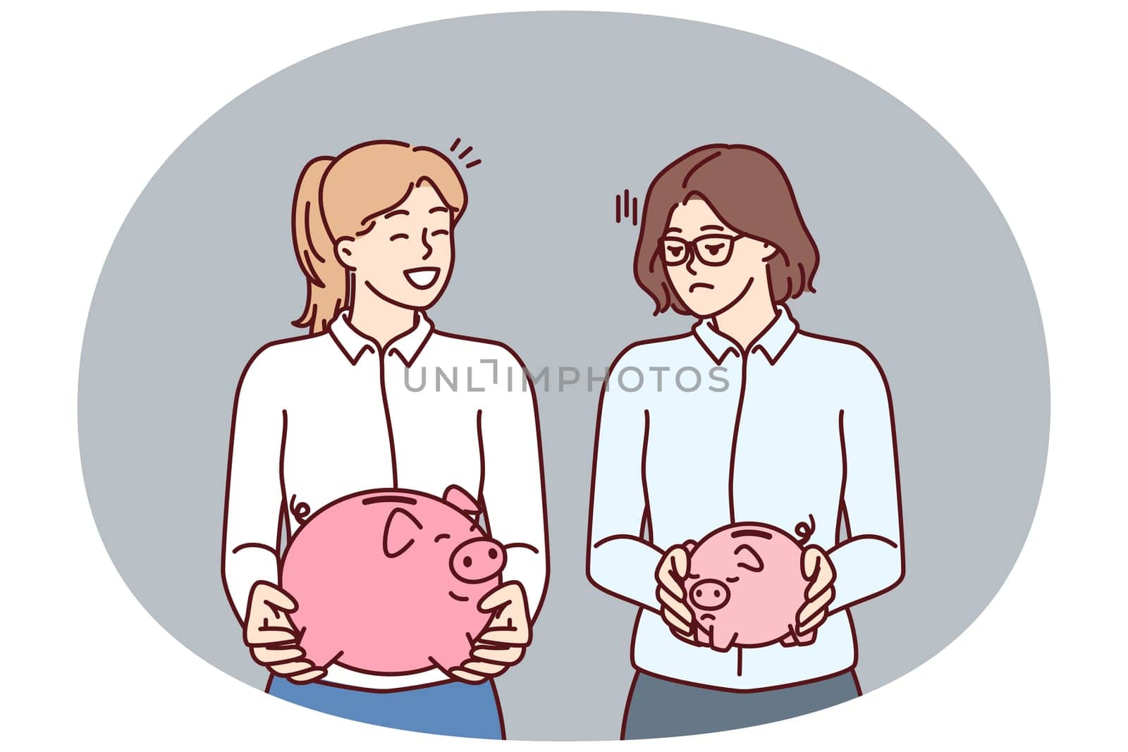 Two women with piggy banks for money of various sizes for concept of income inequality and different levels of wages. Comparison of savings on bank deposit or investments invested in pension account