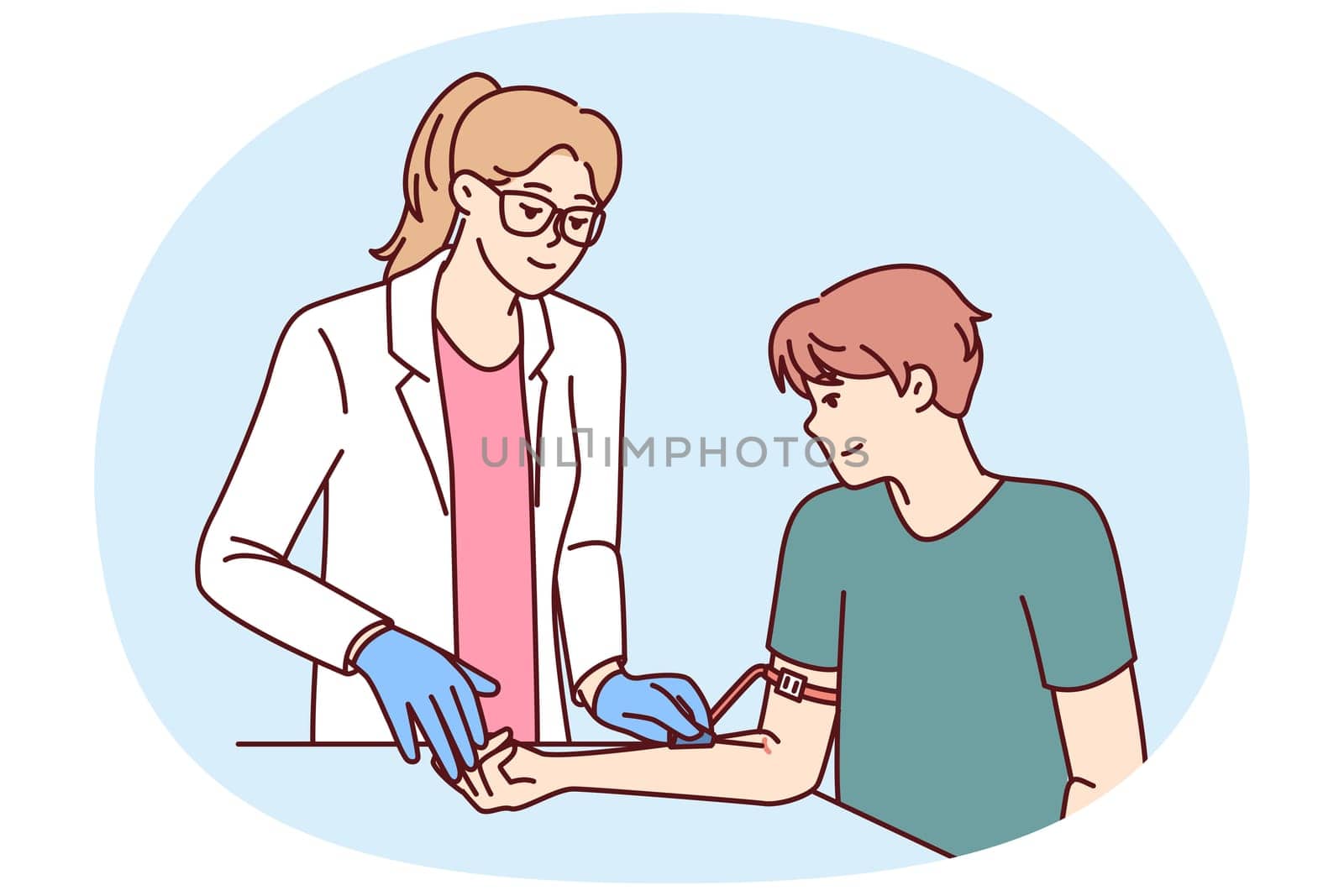 Woman doctor preparing patient for blood test to check for diseases or DNA test. Man patient donates plasma from arm sitting in clinic, wanting to help those in need of blood transfusion