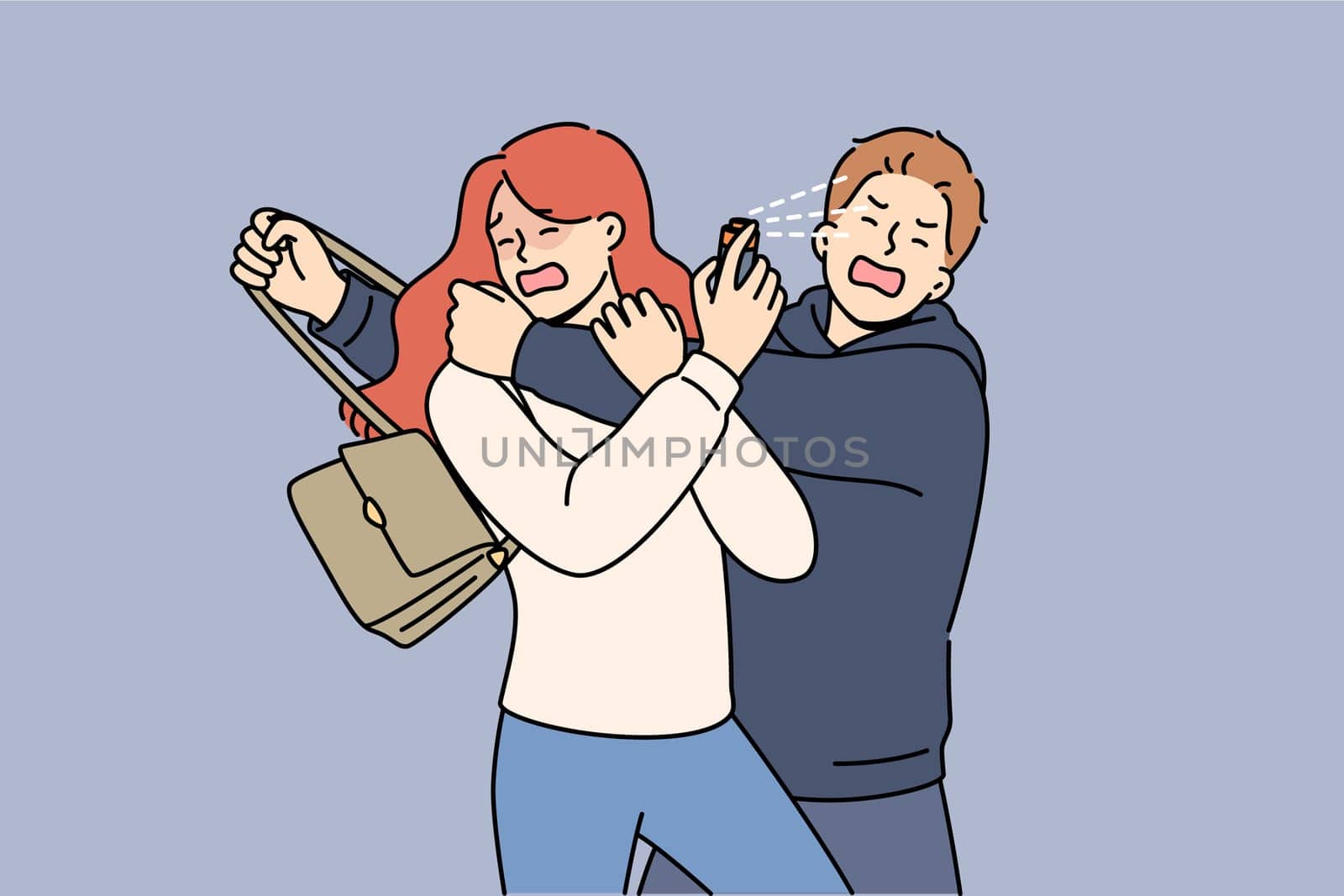 Man robber sprayed with gas from victim spray bottle, using pepper spray for self-defense. Girl trying to save woman from robber who is stealing handbag with purse for purpose of dishonest enrichment.