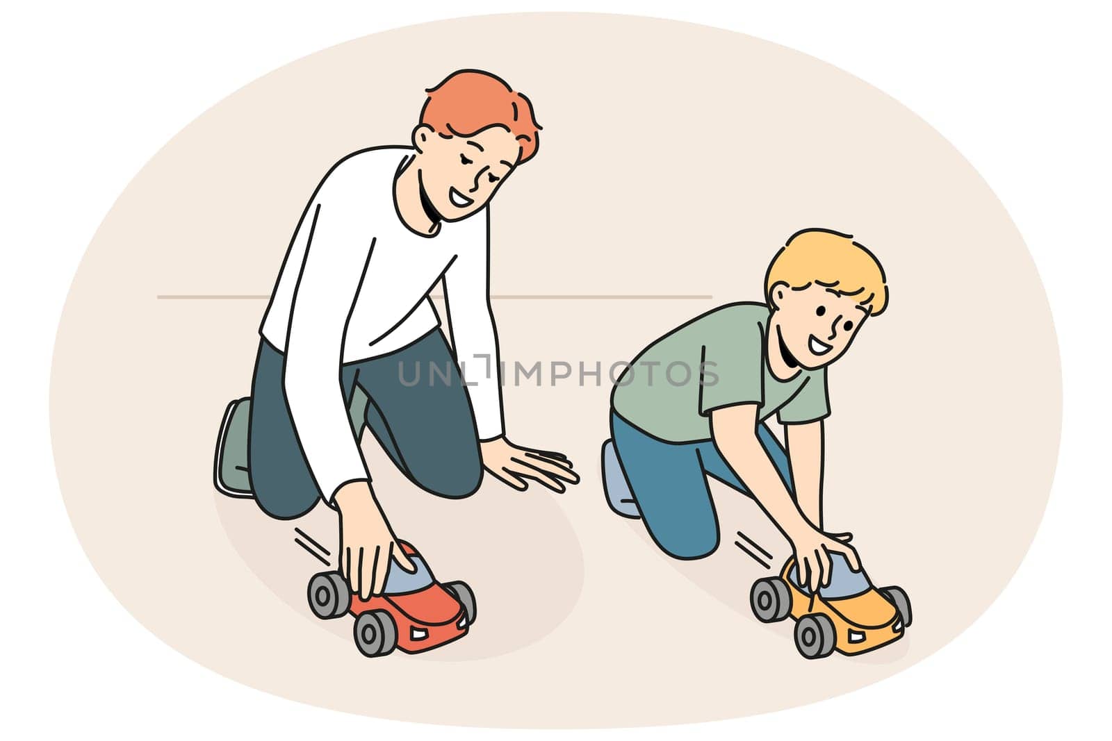 Smiling father playing cars with little son at home. Happy caring dad have fun enjoy game with small boy child. Fatherhood concept. Vector illustration.