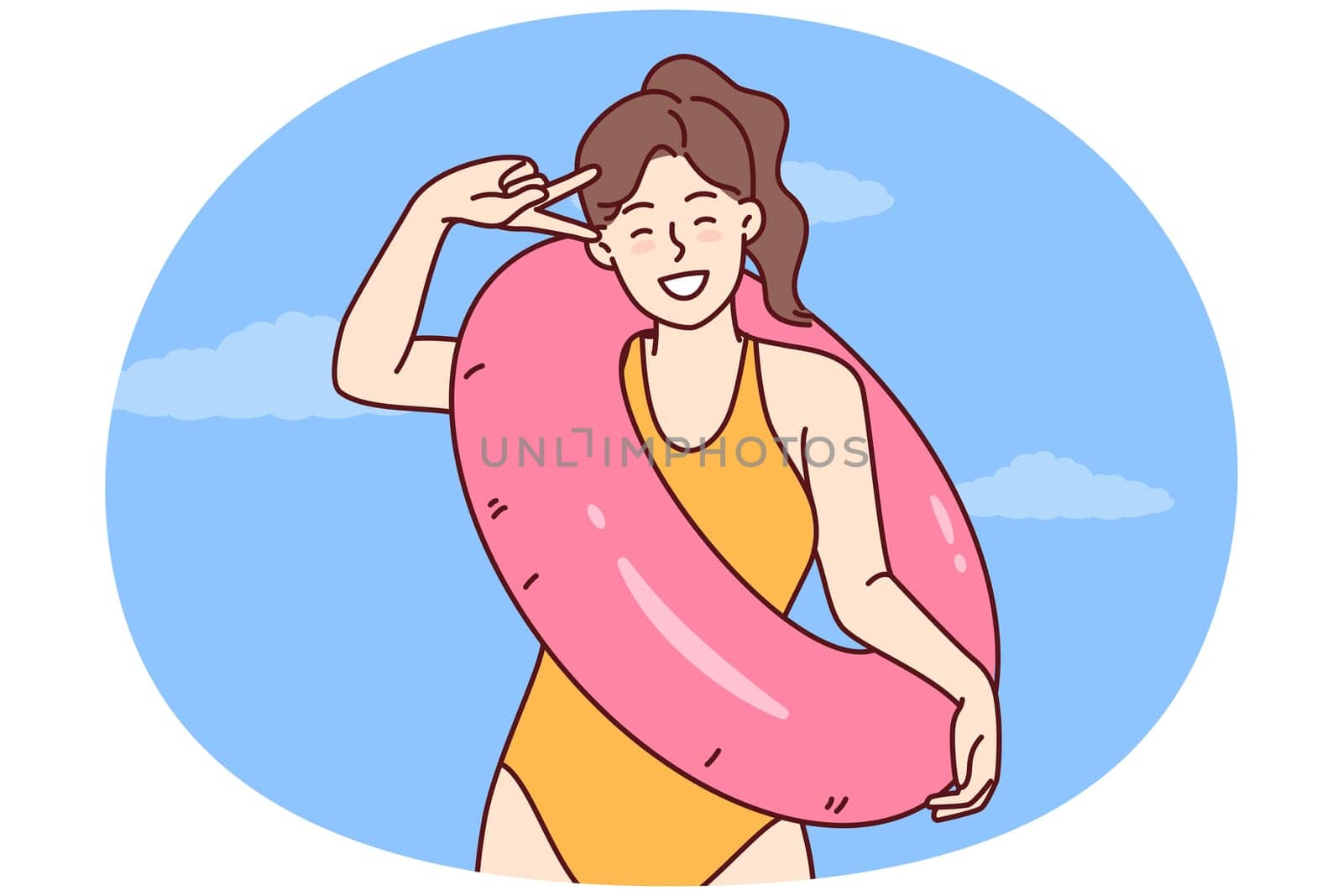Happy woman in swimsuit for sunbathing and swimming in ocean rejoices in long-awaited summer vacation and holds lifebuoy. Girl tourist in bathing suit for beach or pool is resting on tropical island
