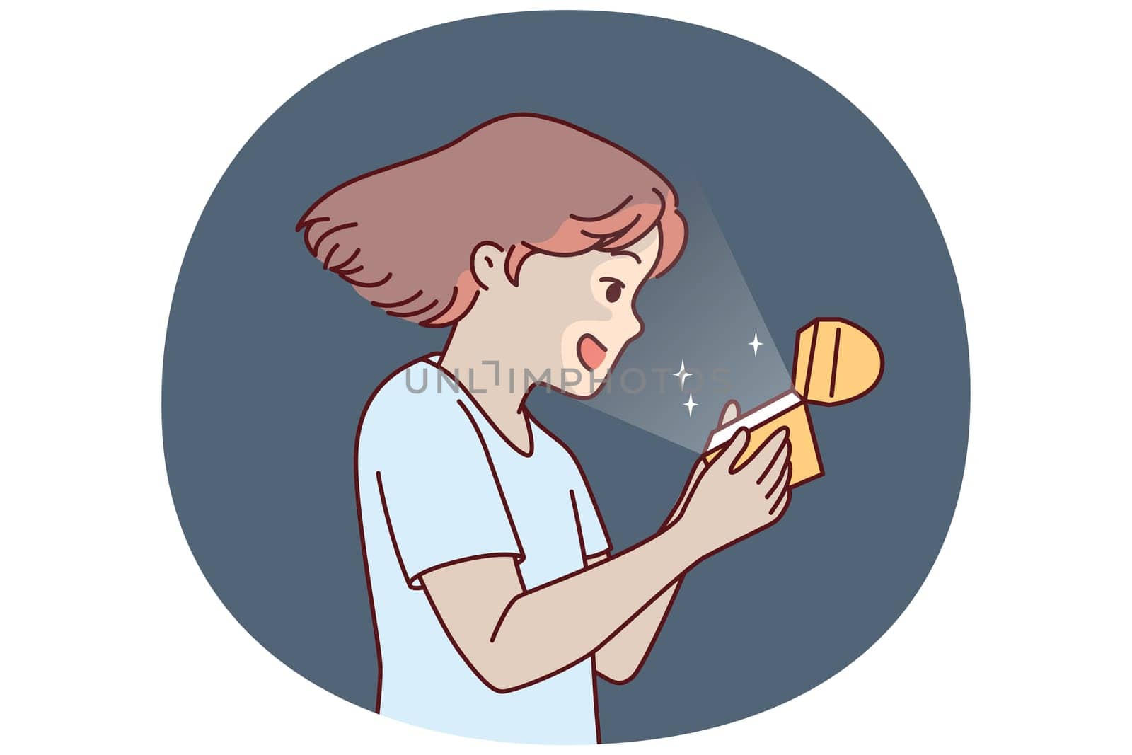 Little girl opens golden box and is delighted to see contents shining and illuminating child face. Teenage girl with gift box rejoices at adorable birthday present that evokes positive emotions