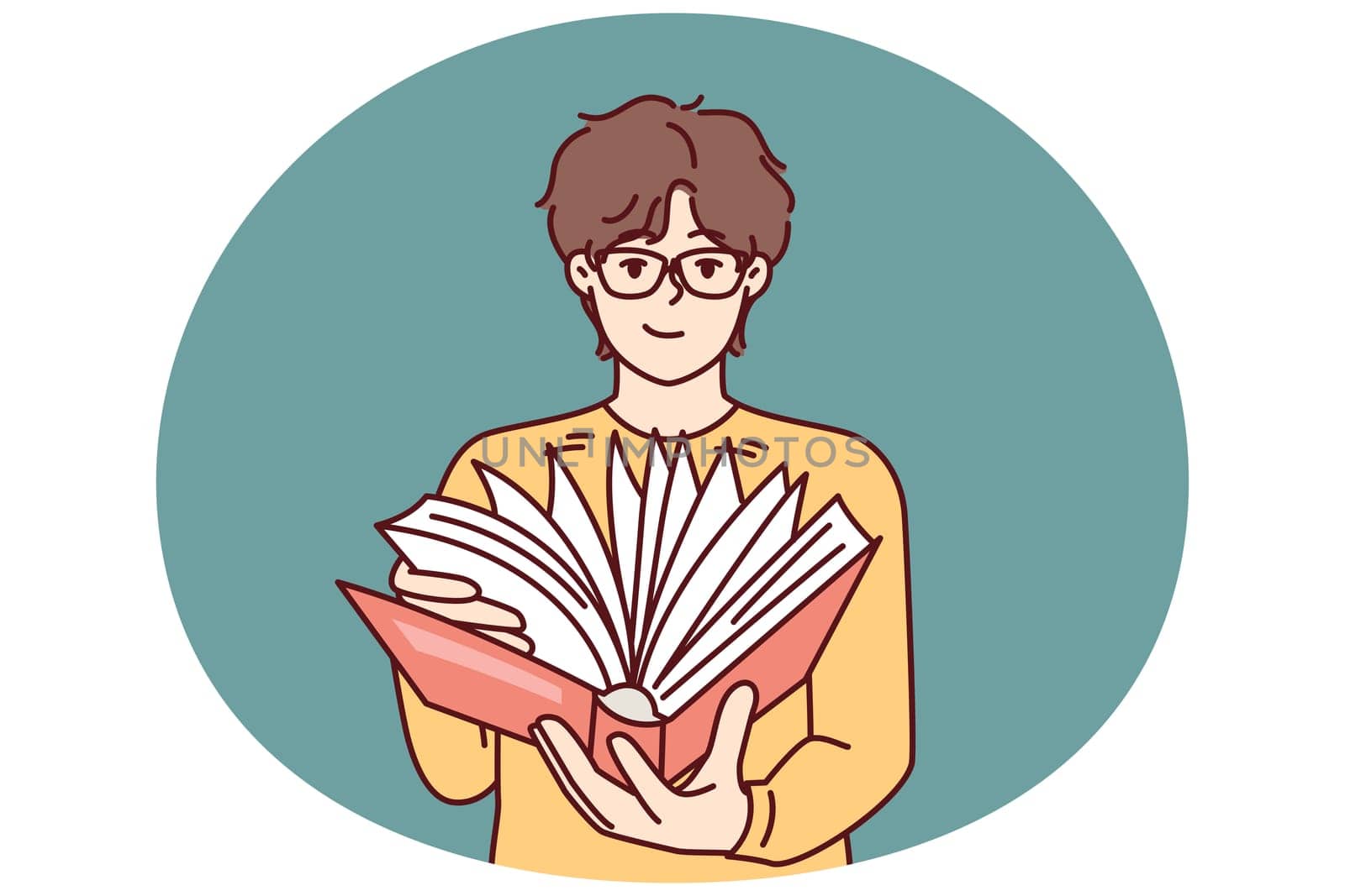 Guy student leafing through book in search information for preparation of essay given by university teacher. Man with book reads for self-education and gaining new knowledge from classical literature