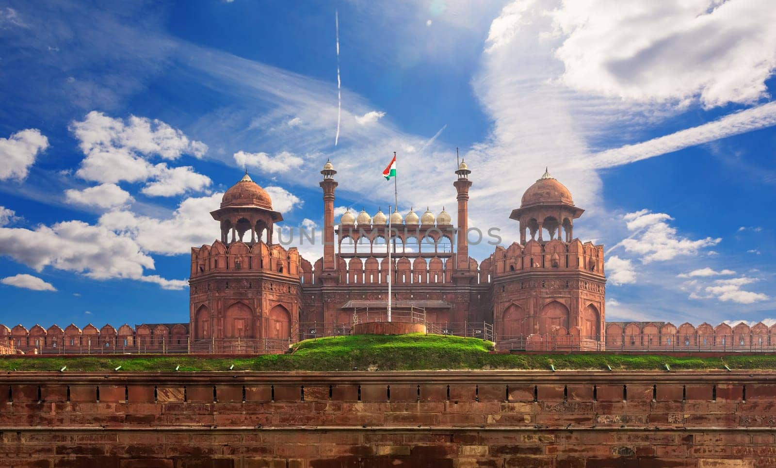 Red Fort famous fortress of Delhi, cloudy day, India.