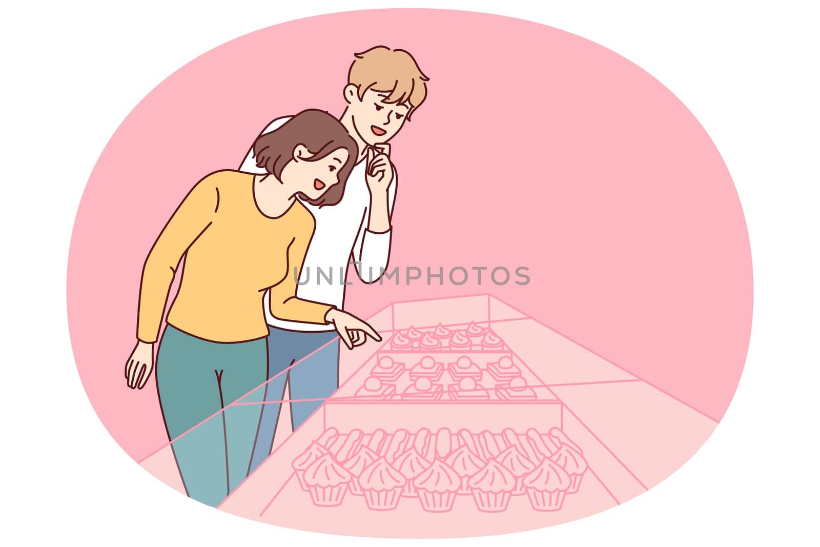 Young couple stands near showcase of pastry shop with cakes and desserts under transparent glass. Guy and girl went to cafeteria to have breakfast and choose cupcakes or donuts to satisfy hunger