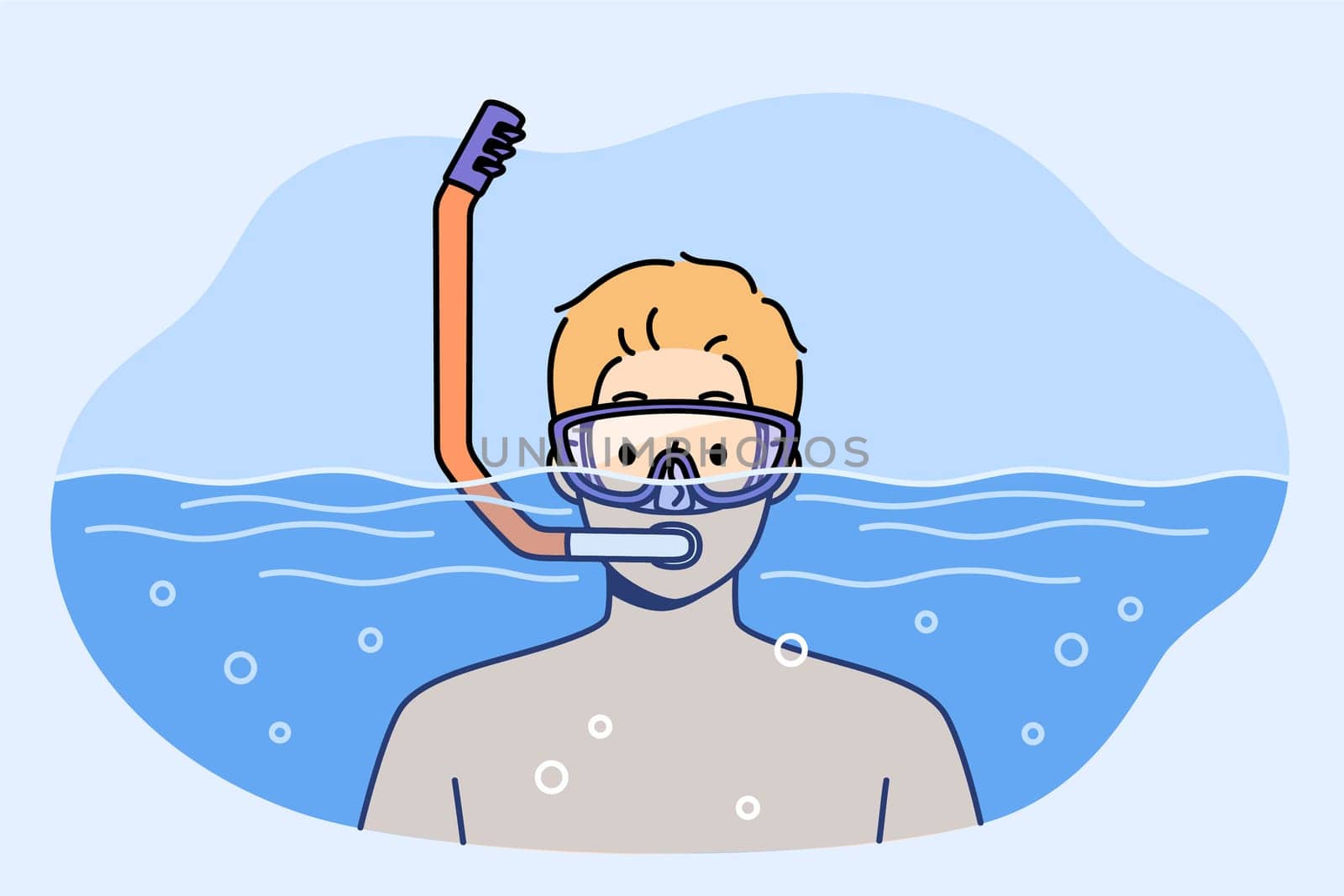 Man swims in pool with goggles and snorkel for breathing underwater during summer holiday at sunny resort. Guy visiting pool is engaged in active recreation and enjoys diving in free time from work.