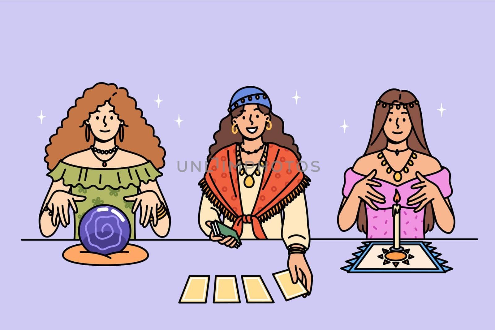 Female fortune tellers use tarot cards and oracle crystal ball to predict future or contact occult forces. Three fortune tellers demonstrate different methods of looking into hereafter