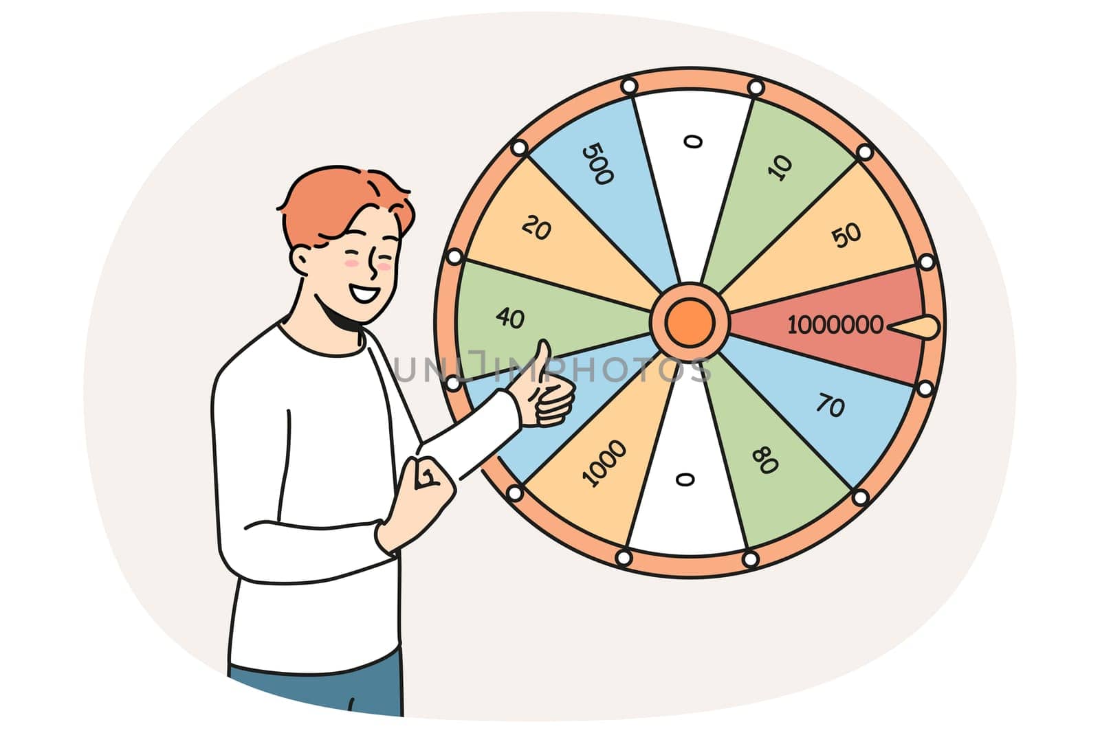 Overjoyed man near fortune wheel win money in lottery. Smiling guy excited with victory in game. Gambling and jackpot. Vector illustration.