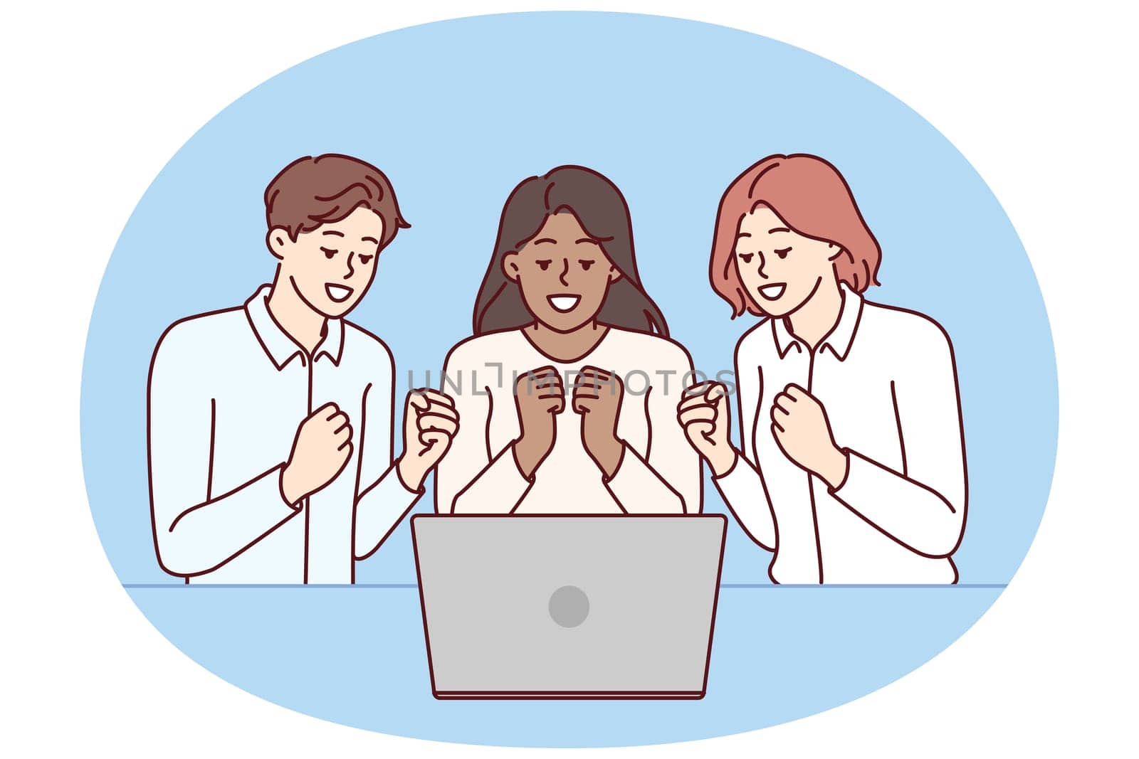 Team of excited friends sitting near laptop and watching football match together. Team of man and two girls watch video broadcast and clench fists, wanting to hear important news via video link