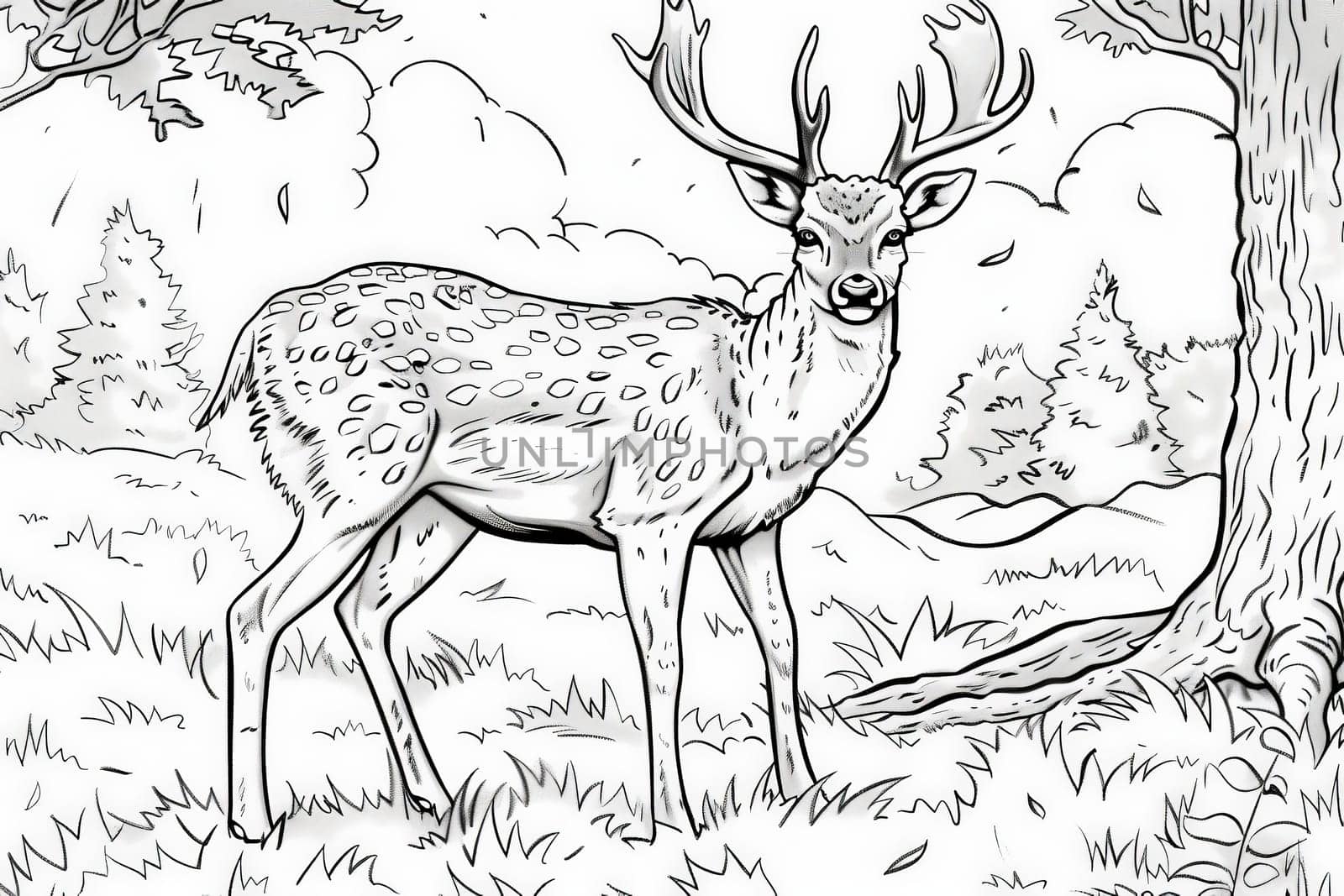 Coloring Page A beautiful deer peacefully standing in the woods near a tall tree.