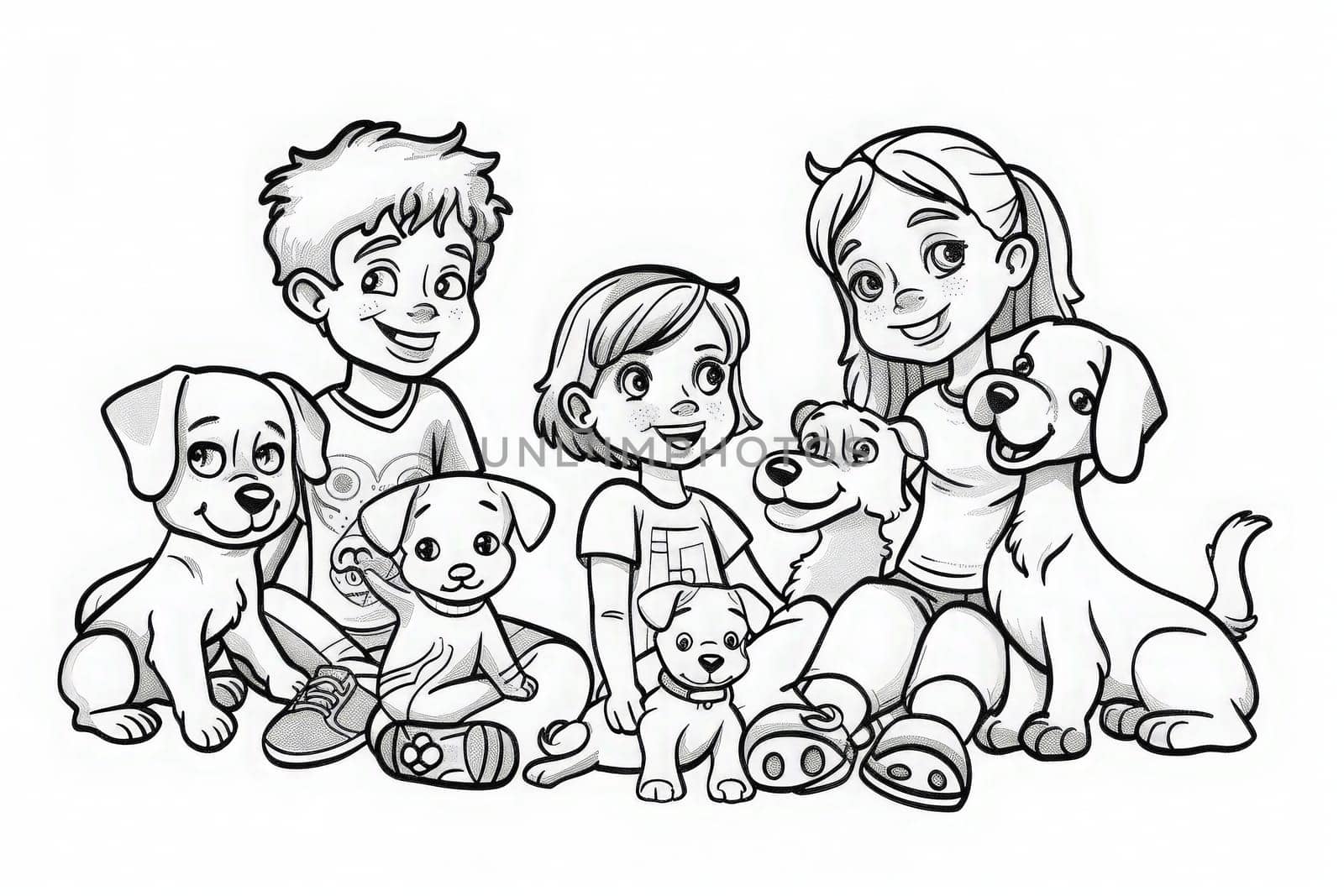 Coloring Page A loving family of four sitting together, surrounded by their cute dogs, enjoying a peaceful moment in each others company.