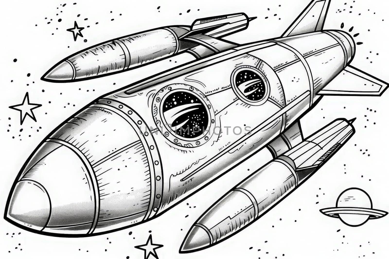 Coloring Page A vibrant black and white drawing of a sleek rocket ship soaring through the cosmos on a mission to explore the unknown.