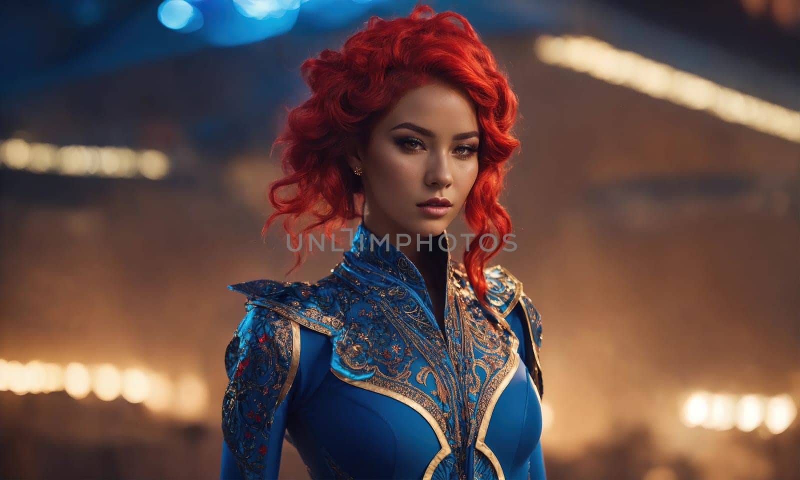 Futuristic woman with red hair in futuristic costume. ai generative.