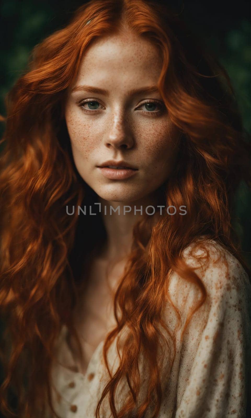Portrait of a beautiful redhead girl with freckles on her face. ai generative.