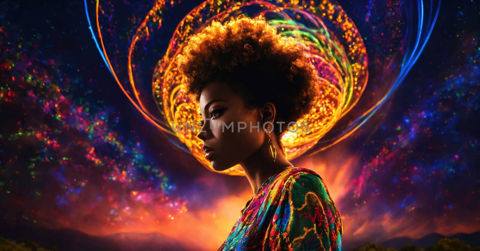 Beautiful african american woman with afro hairstyle and outlined in light. ai generative.