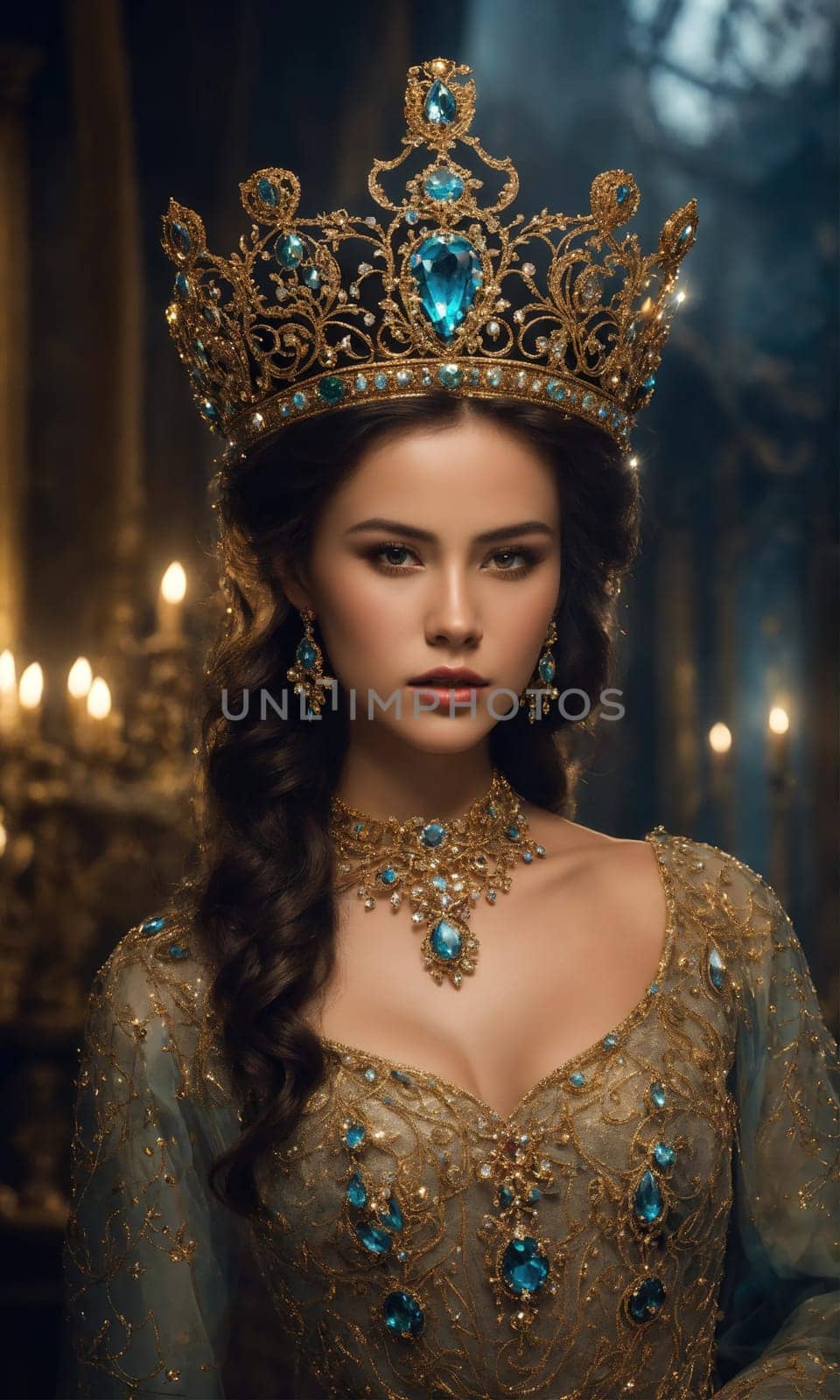 Portrait of beautiful young woman in crown. Luxury makeup and hairstyle. ai generative.
