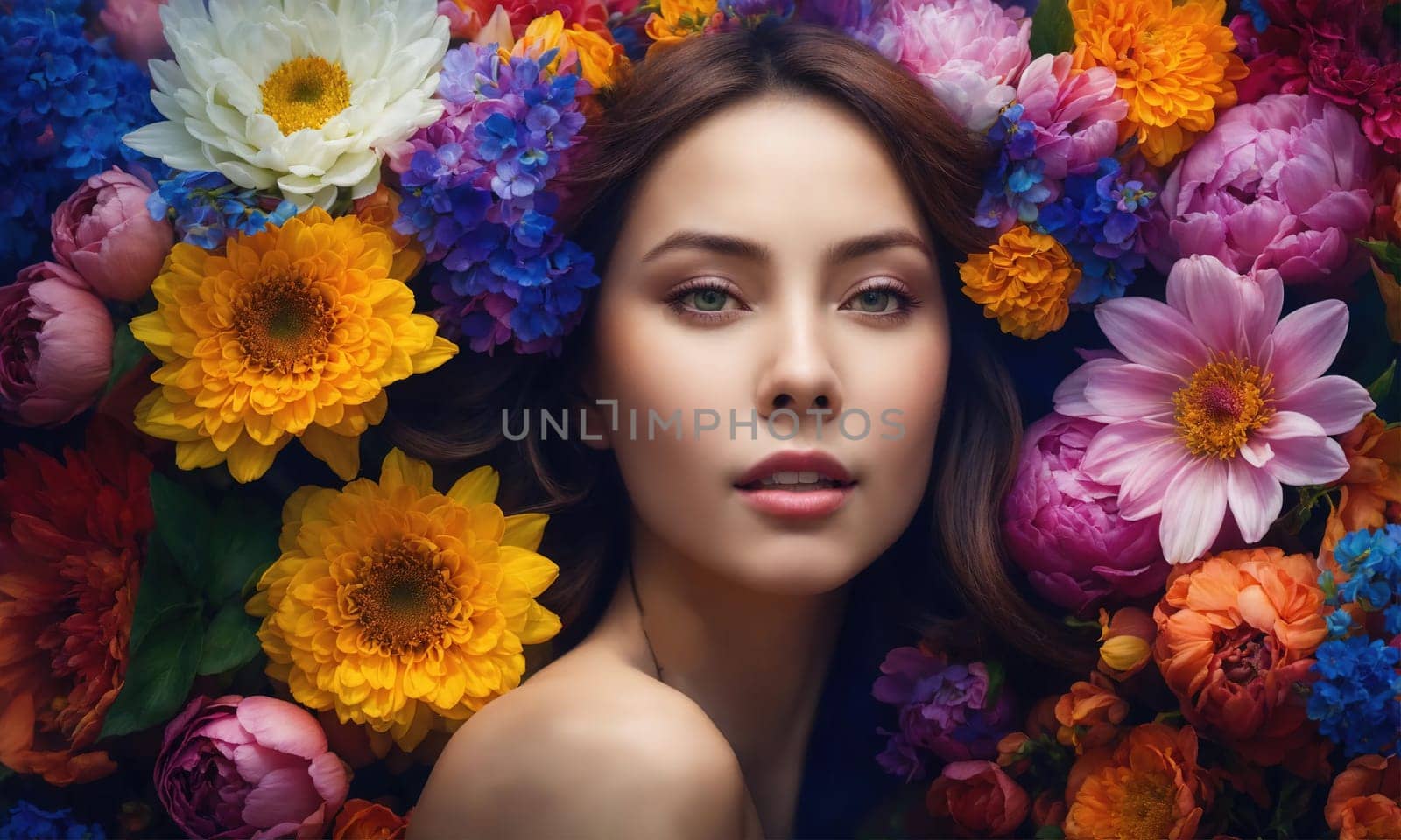 Portrait of beautiful woman with flower wreath on her head. ai generative.
